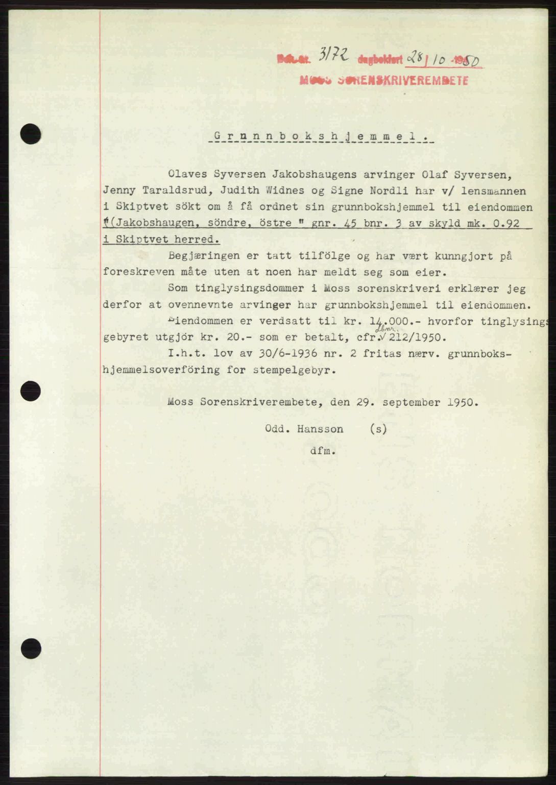 Moss sorenskriveri, SAO/A-10168: Pantebok nr. A2, 1947-1950, Dagboknr: 3172/1950