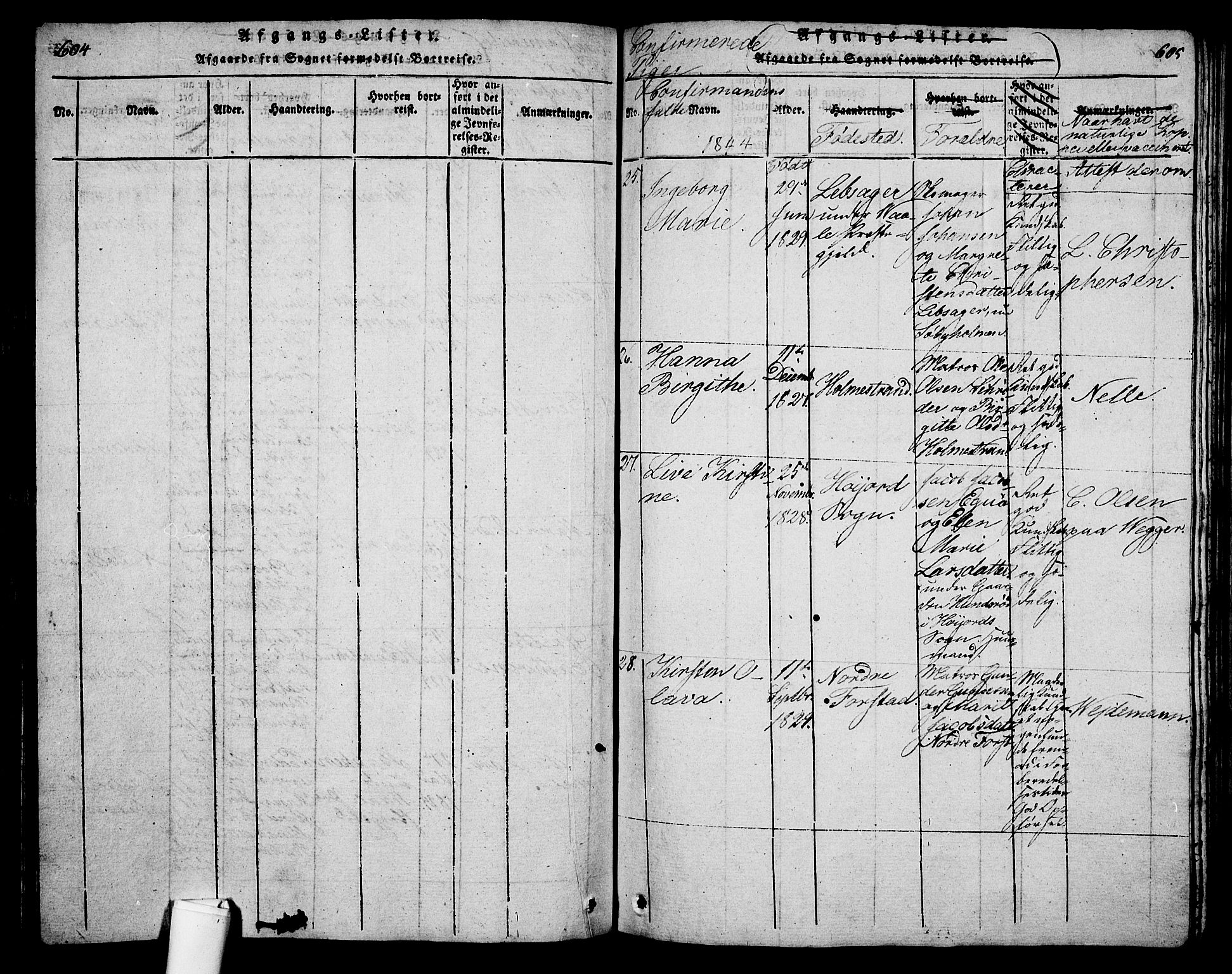 Holmestrand kirkebøker, AV/SAKO-A-346/G/Ga/L0001: Klokkerbok nr. 1, 1814-1848, s. 604-605