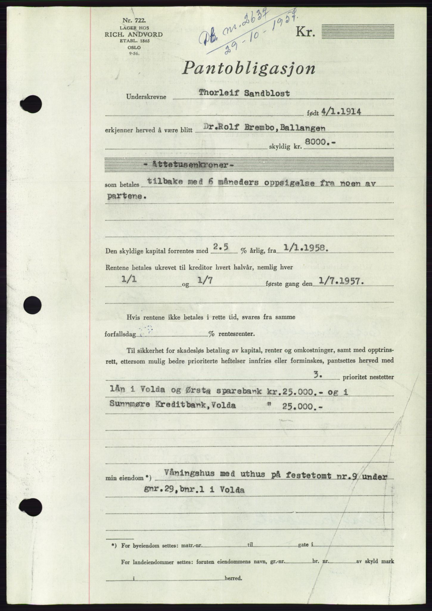 Søre Sunnmøre sorenskriveri, AV/SAT-A-4122/1/2/2C/L0130: Pantebok nr. 18B, 1957-1958, Dagboknr: 2637/1957