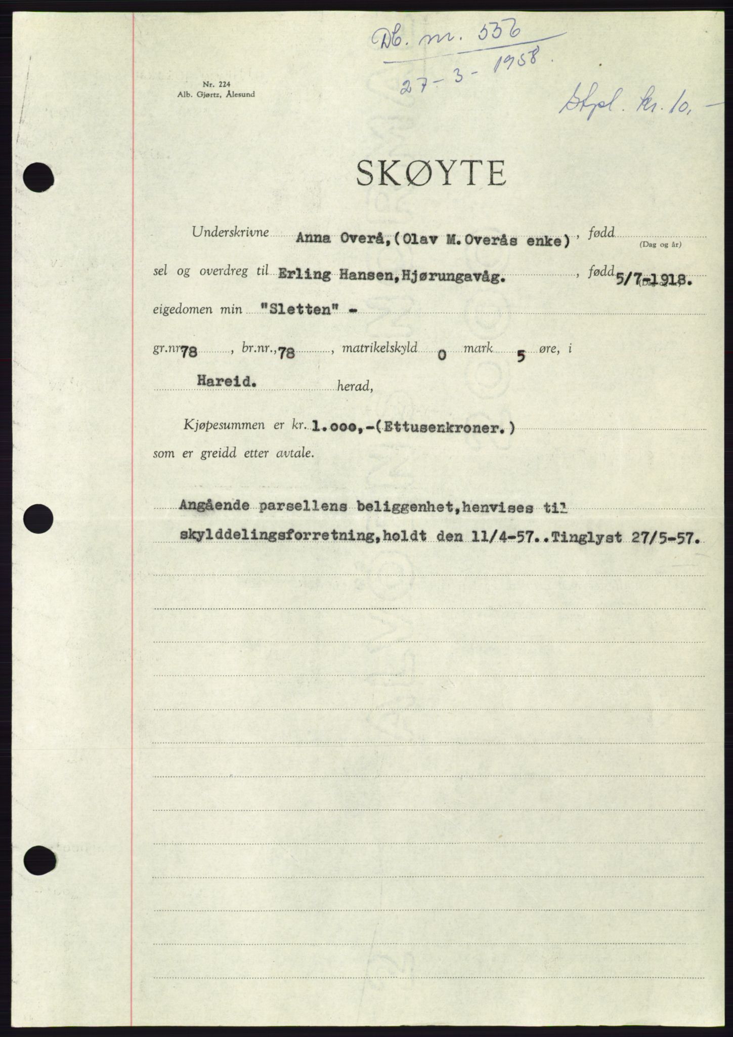 Søre Sunnmøre sorenskriveri, SAT/A-4122/1/2/2C/L0109: Pantebok nr. 35A, 1958-1958, Dagboknr: 556/1958