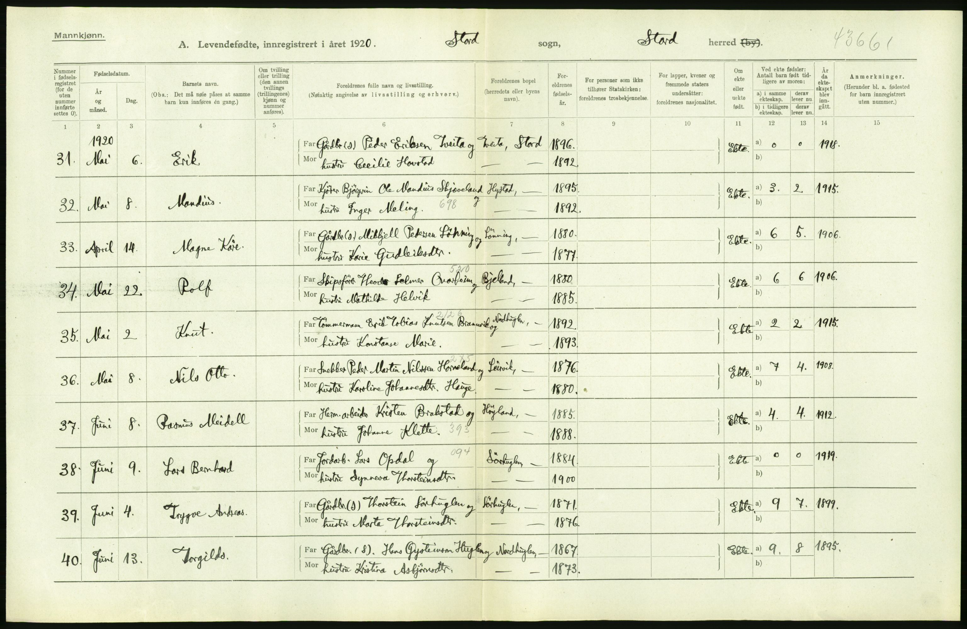 Statistisk sentralbyrå, Sosiodemografiske emner, Befolkning, AV/RA-S-2228/D/Df/Dfb/Dfbj/L0038: Hordaland fylke: Levendefødte menn og kvinner. Bygder., 1920, s. 64