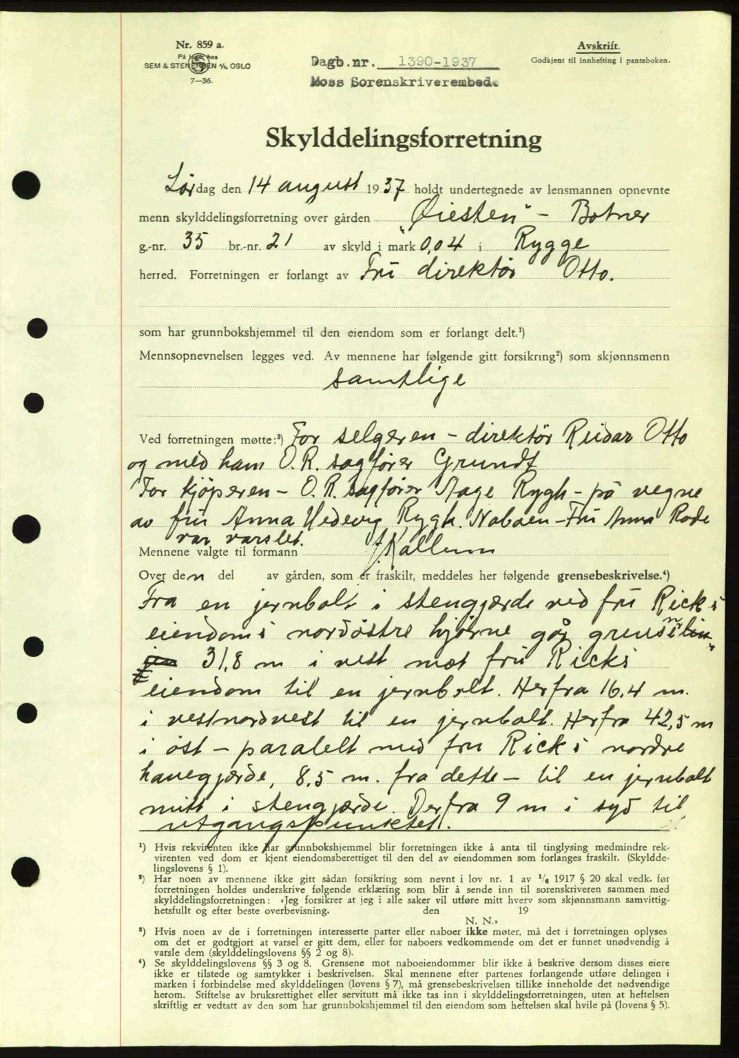 Moss sorenskriveri, SAO/A-10168: Pantebok nr. A3, 1937-1938, Dagboknr: 1390/1937