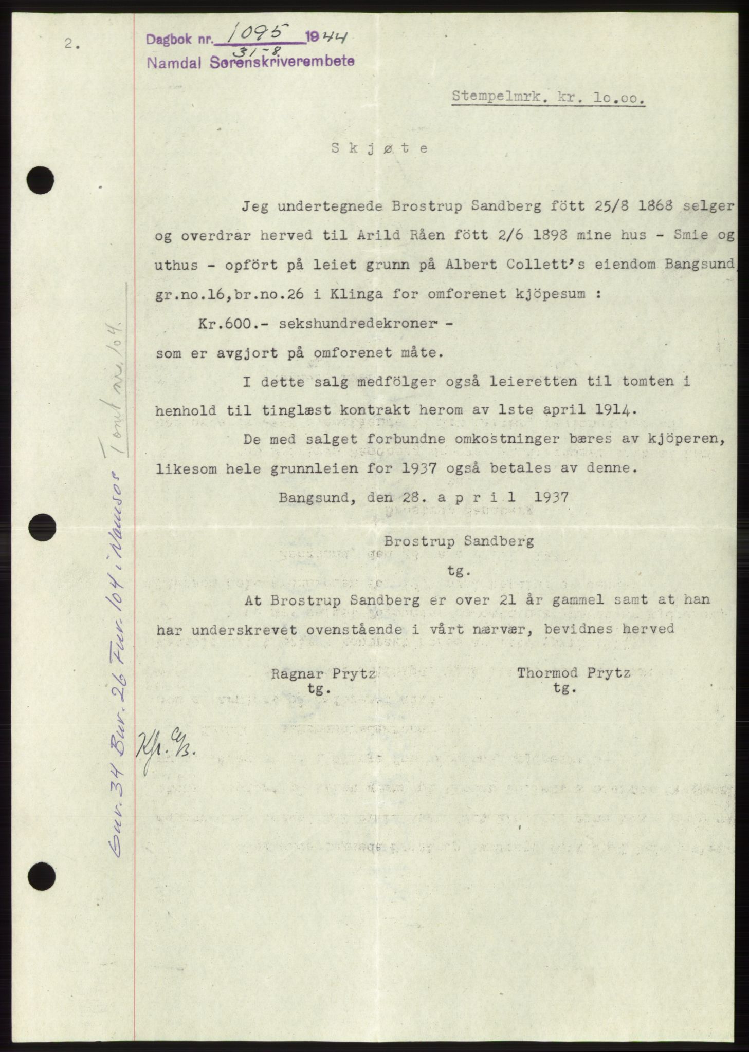 Namdal sorenskriveri, SAT/A-4133/1/2/2C: Pantebok nr. -, 1944-1945, Dagboknr: 1095/1944