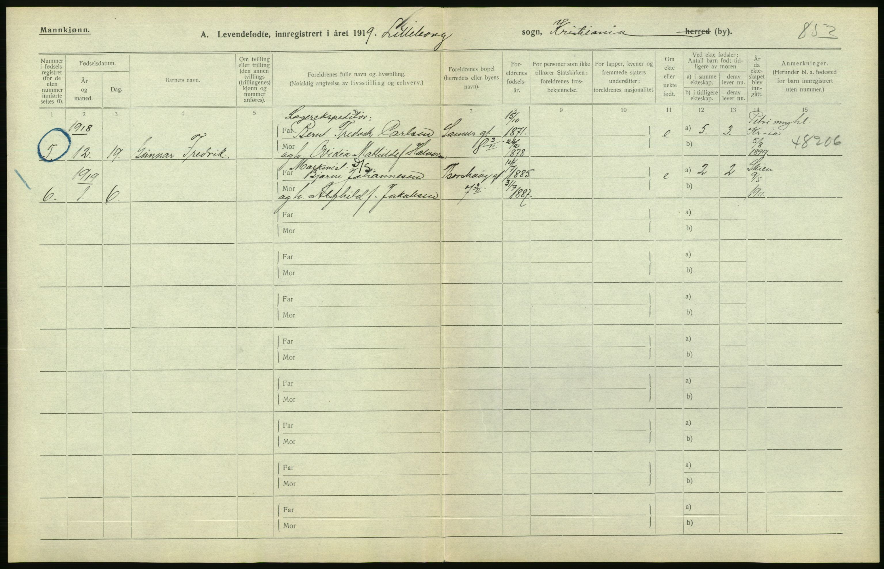 Statistisk sentralbyrå, Sosiodemografiske emner, Befolkning, AV/RA-S-2228/D/Df/Dfb/Dfbi/L0008: Kristiania: Levendefødte menn og kvinner., 1919