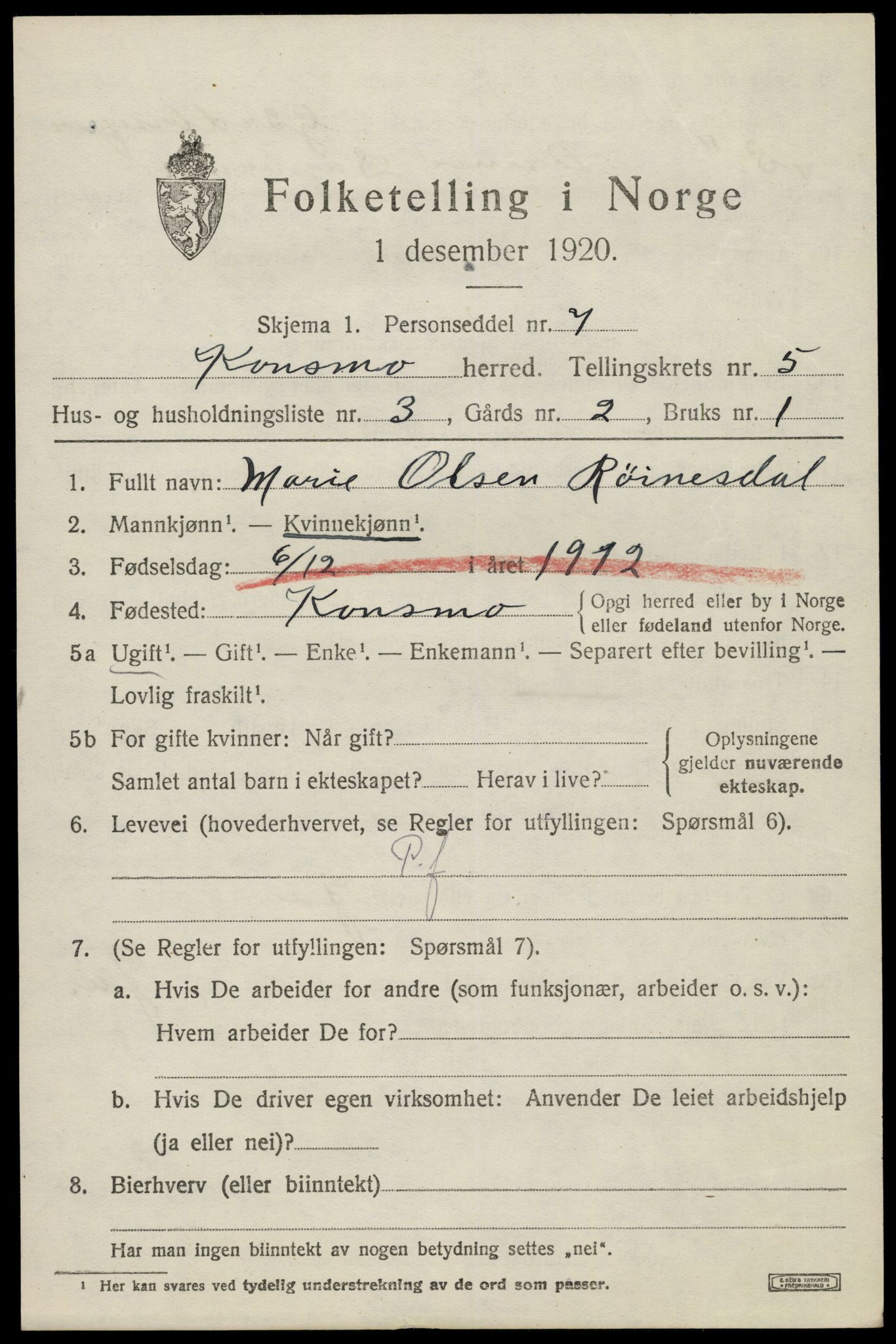 SAK, Folketelling 1920 for 1027 Konsmo herred, 1920, s. 1304