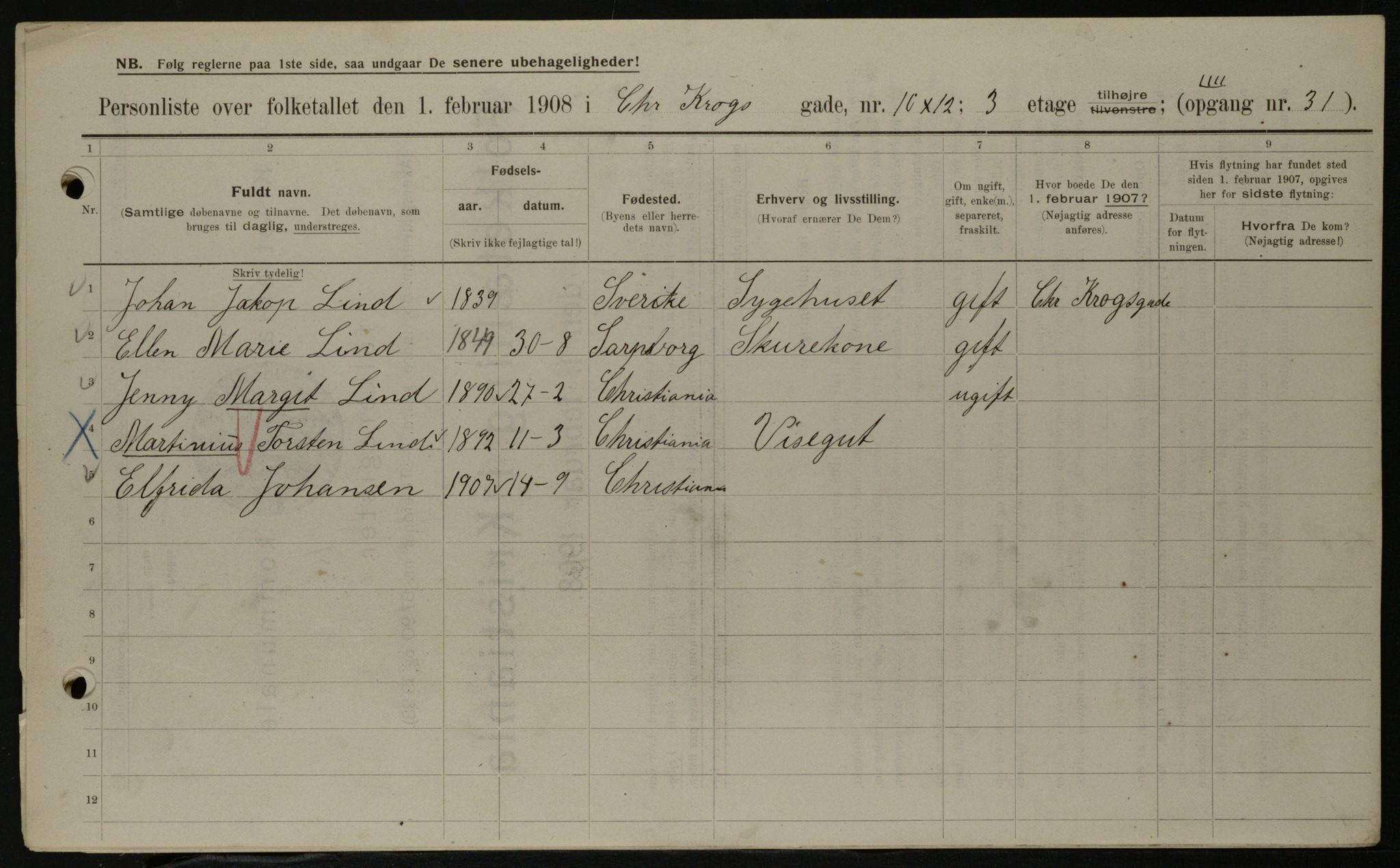 OBA, Kommunal folketelling 1.2.1908 for Kristiania kjøpstad, 1908, s. 11064