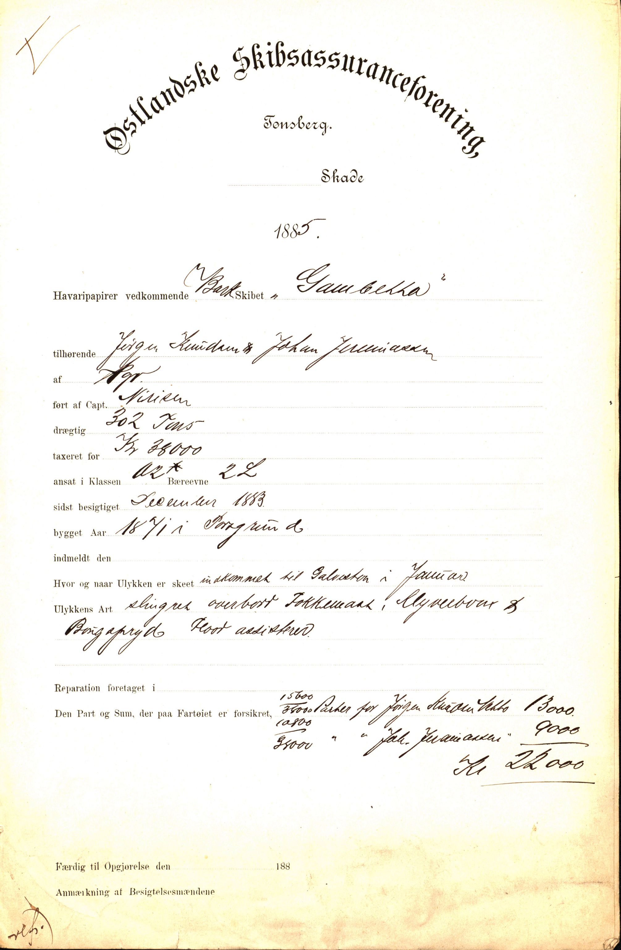 Pa 63 - Østlandske skibsassuranceforening, VEMU/A-1079/G/Ga/L0018/0003: Havaridokumenter / Gazelle, Gambetta, Hildur, Botvid, Alvega, America, 1885, s. 4