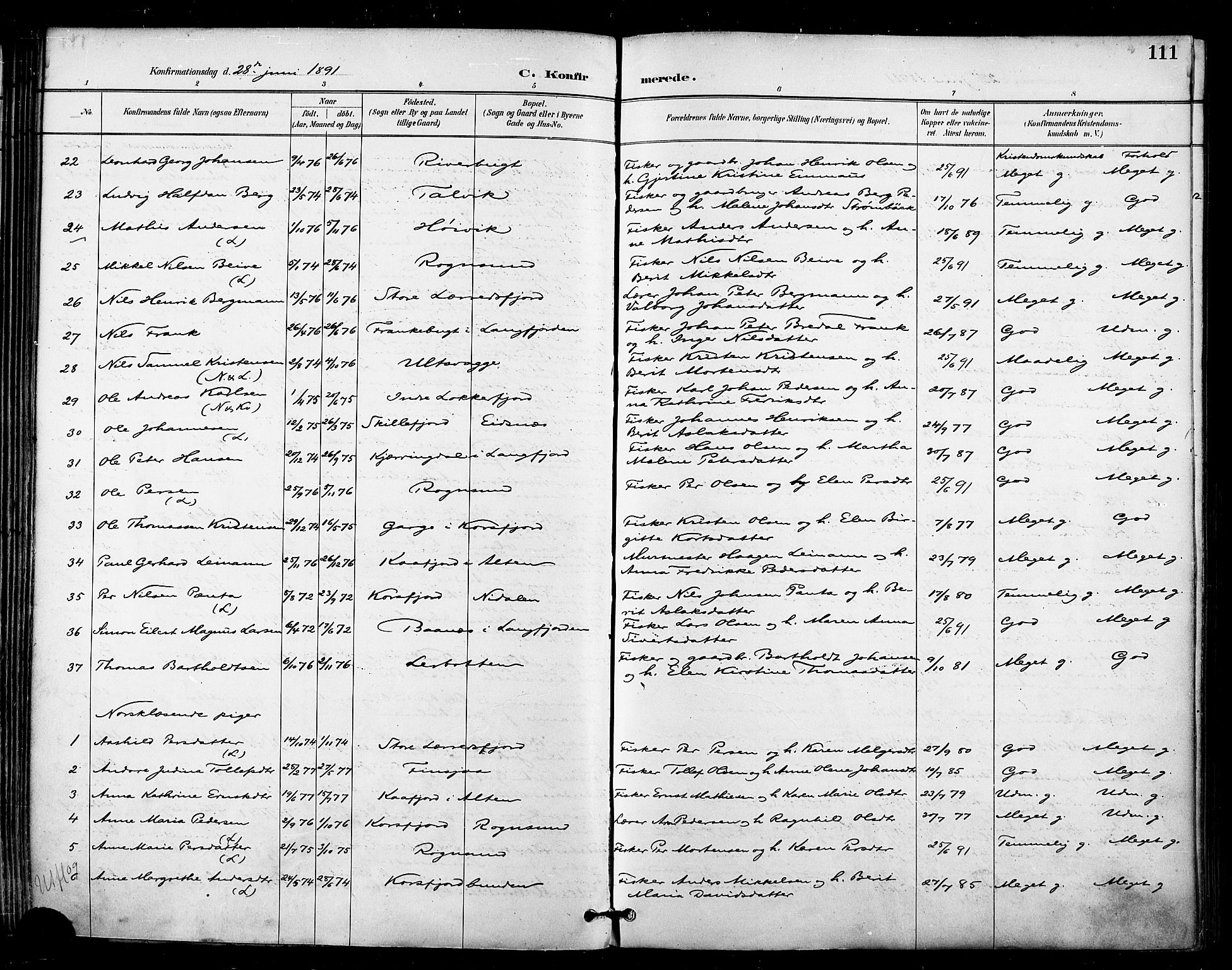 Talvik sokneprestkontor, SATØ/S-1337/H/Ha/L0013kirke: Ministerialbok nr. 13, 1886-1897, s. 111