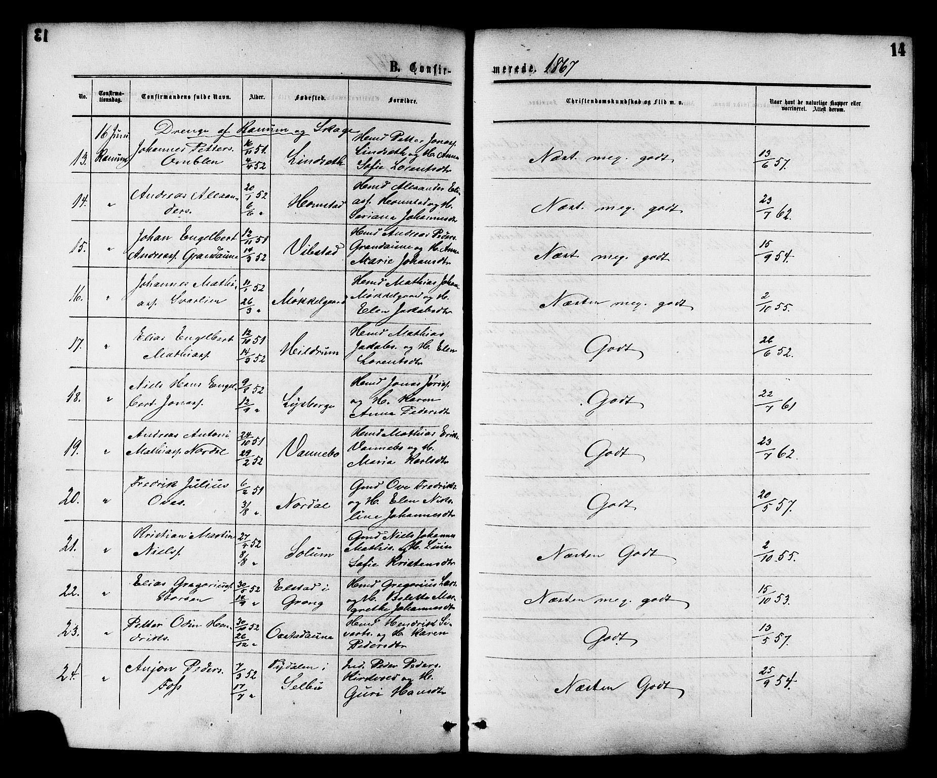 Ministerialprotokoller, klokkerbøker og fødselsregistre - Nord-Trøndelag, AV/SAT-A-1458/764/L0553: Ministerialbok nr. 764A08, 1858-1880, s. 14