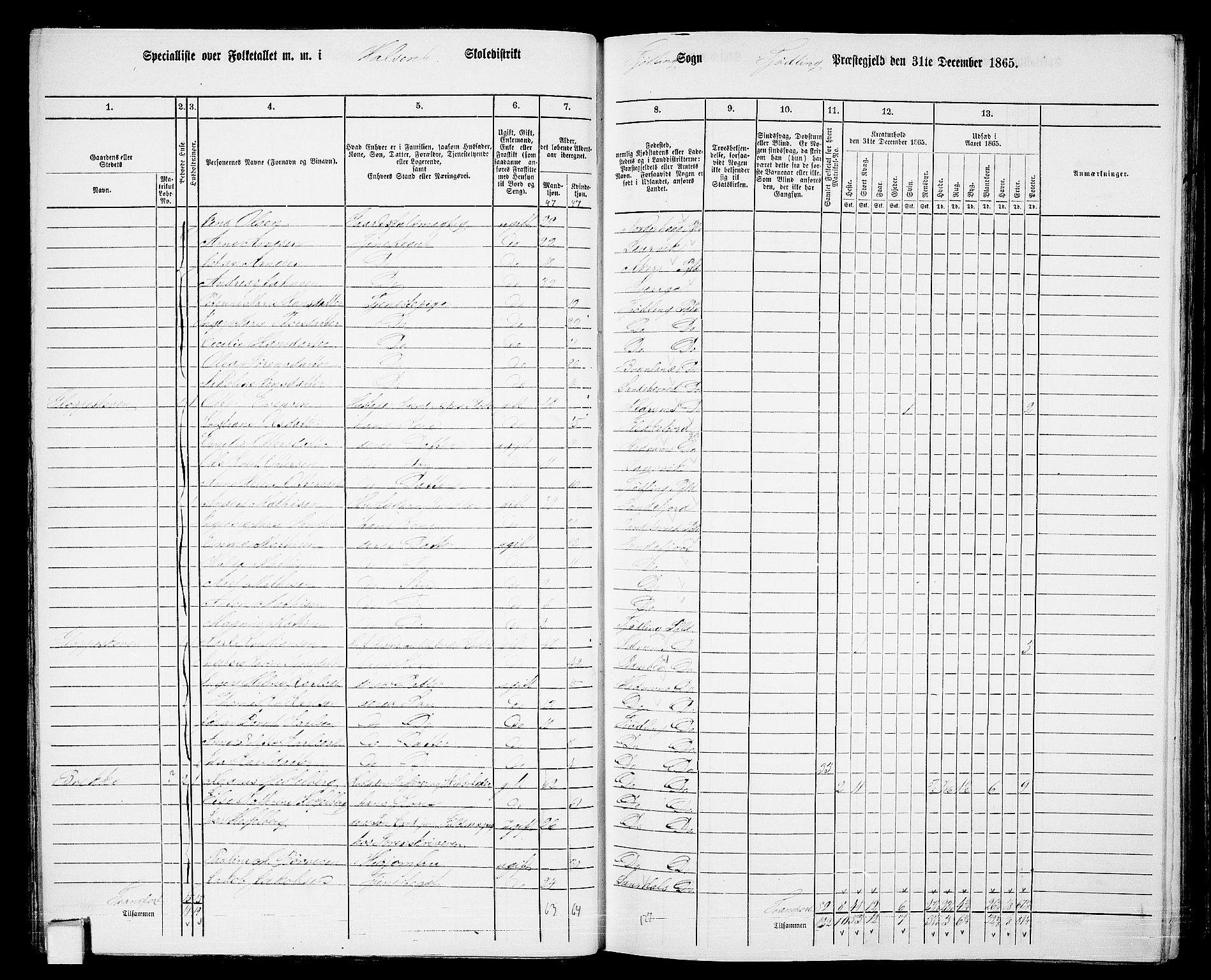 RA, Folketelling 1865 for 0725P Tjølling prestegjeld, 1865, s. 44