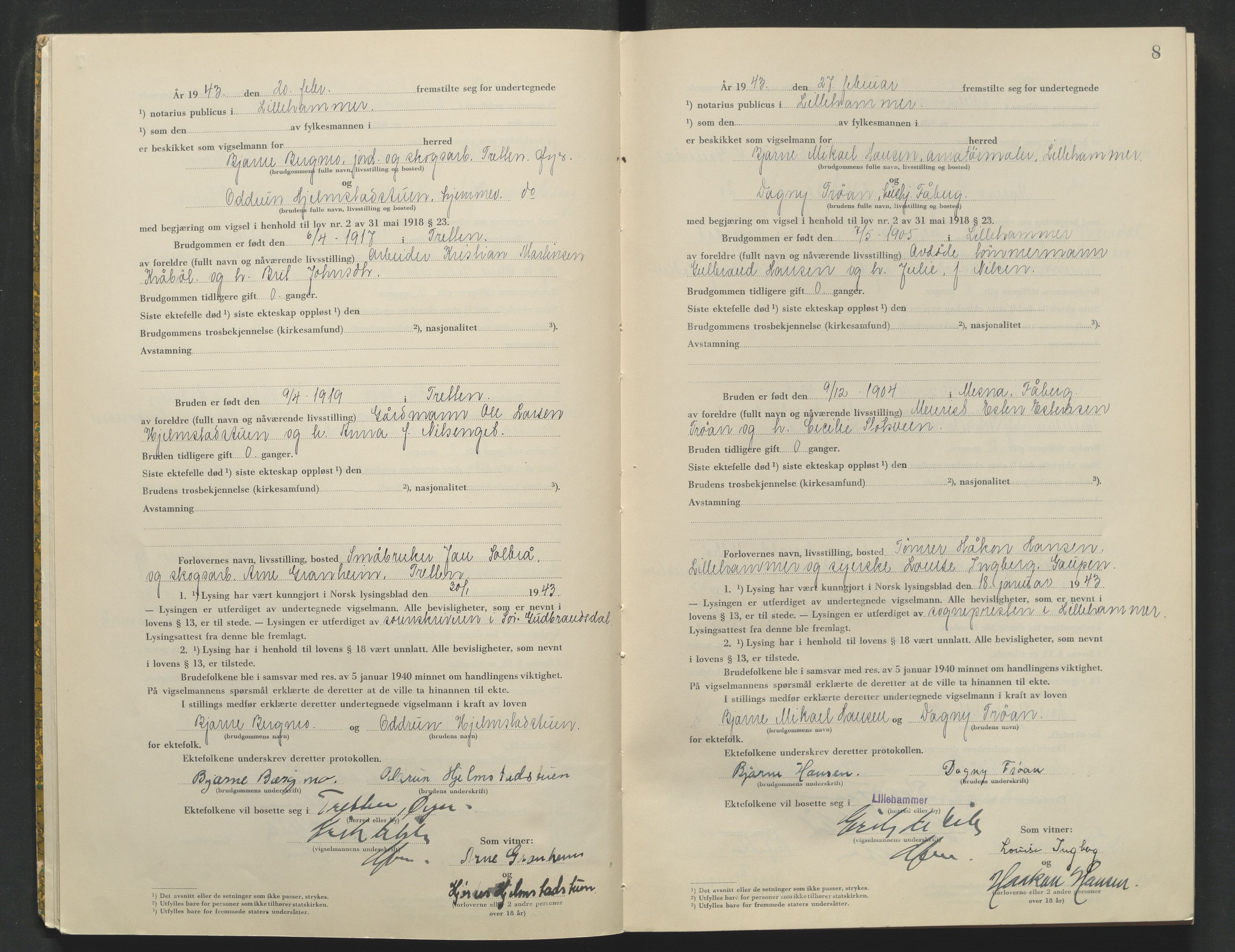 Sør-Gudbrandsdal tingrett, AV/SAH-TING-004/L/Lc/L0003: Vigselsprotokoll, 1943, s. 8