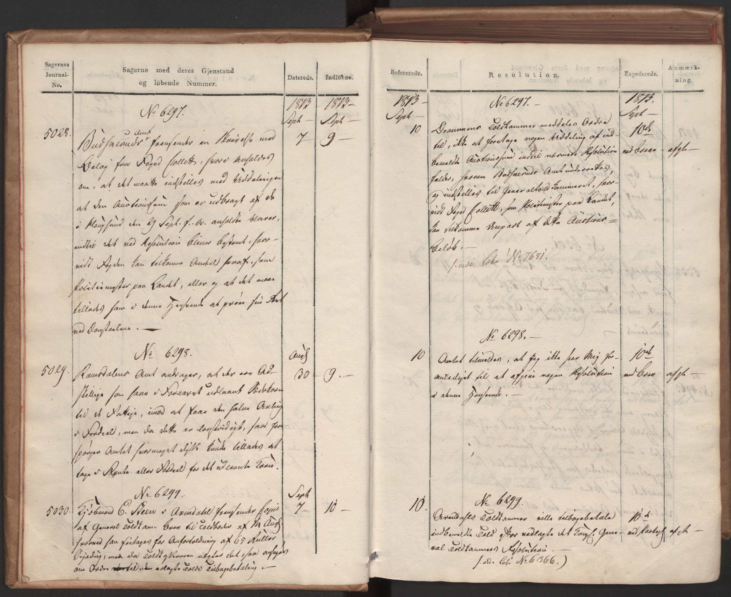 Stattholderembetet 1810-1814, 1. kontor (Kontor A), AV/RA-EA-2872/Ab/L0007: Referatprotokoll,  j.nr. 5023-5845,  l.nr. 6290-7274, 1813, s. 5