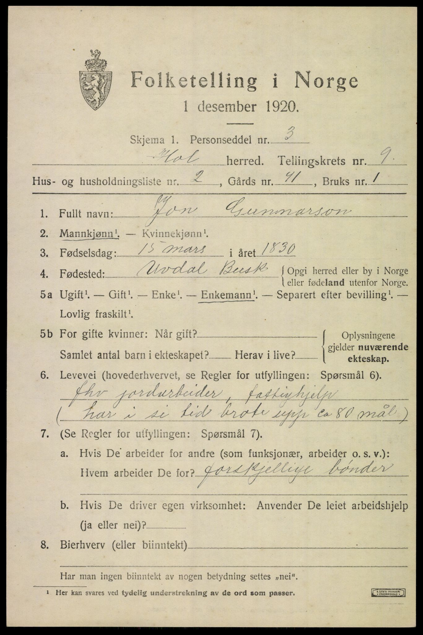 SAKO, Folketelling 1920 for 0620 Hol herred, 1920, s. 4939