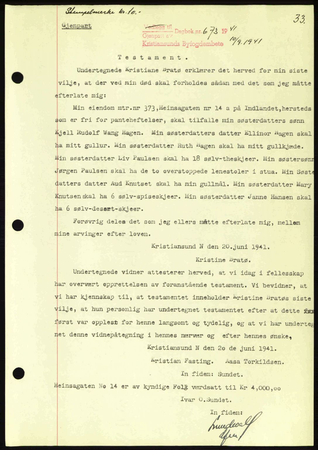 Kristiansund byfogd, AV/SAT-A-4587/A/27: Pantebok nr. 34, 1941-1945, Dagboknr: 673/1941