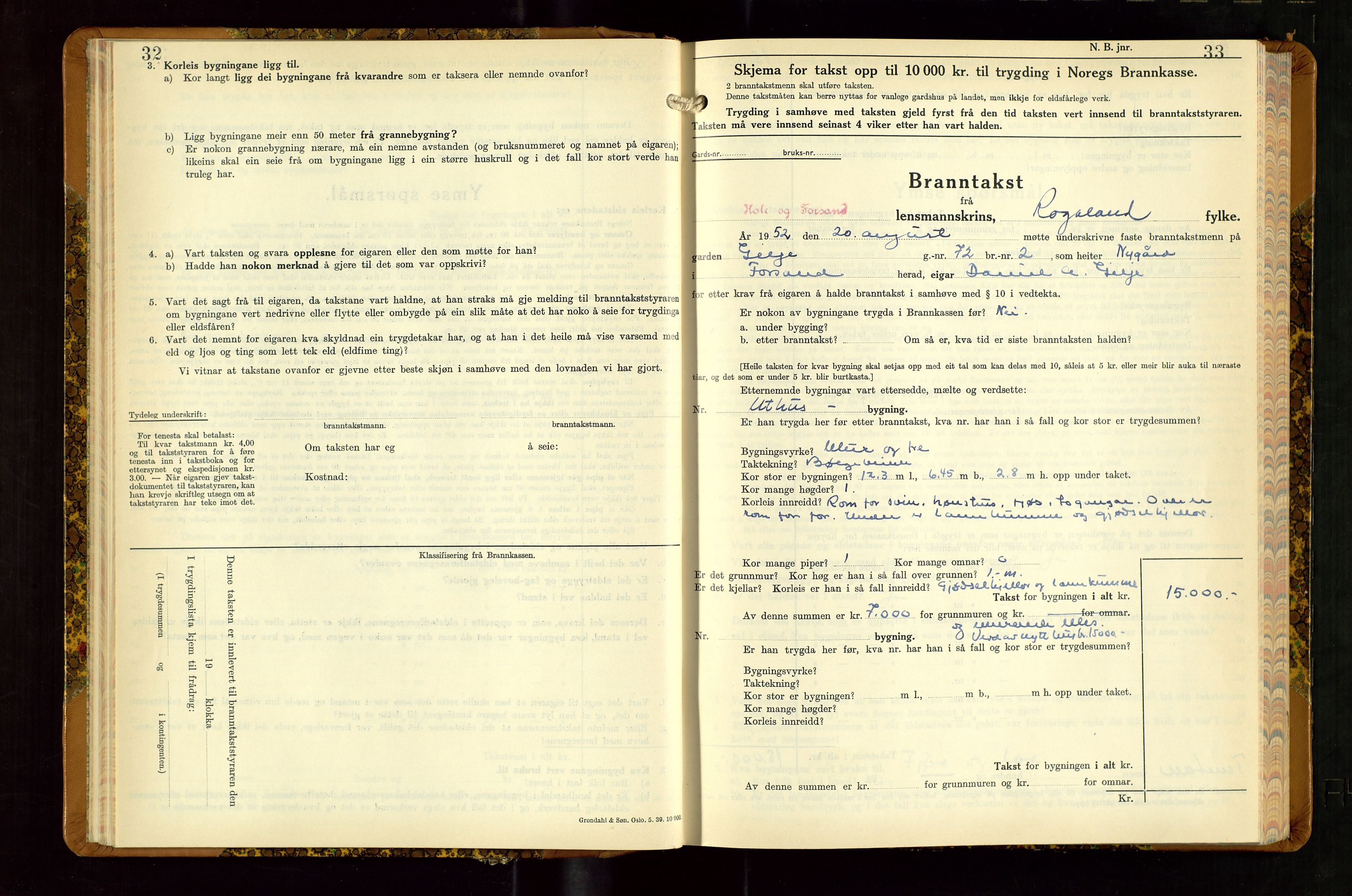 Høle og Forsand lensmannskontor, AV/SAST-A-100127/Gob/L0002: "Branntakstbok" - skjematakst, 1941-1955, s. 32-33