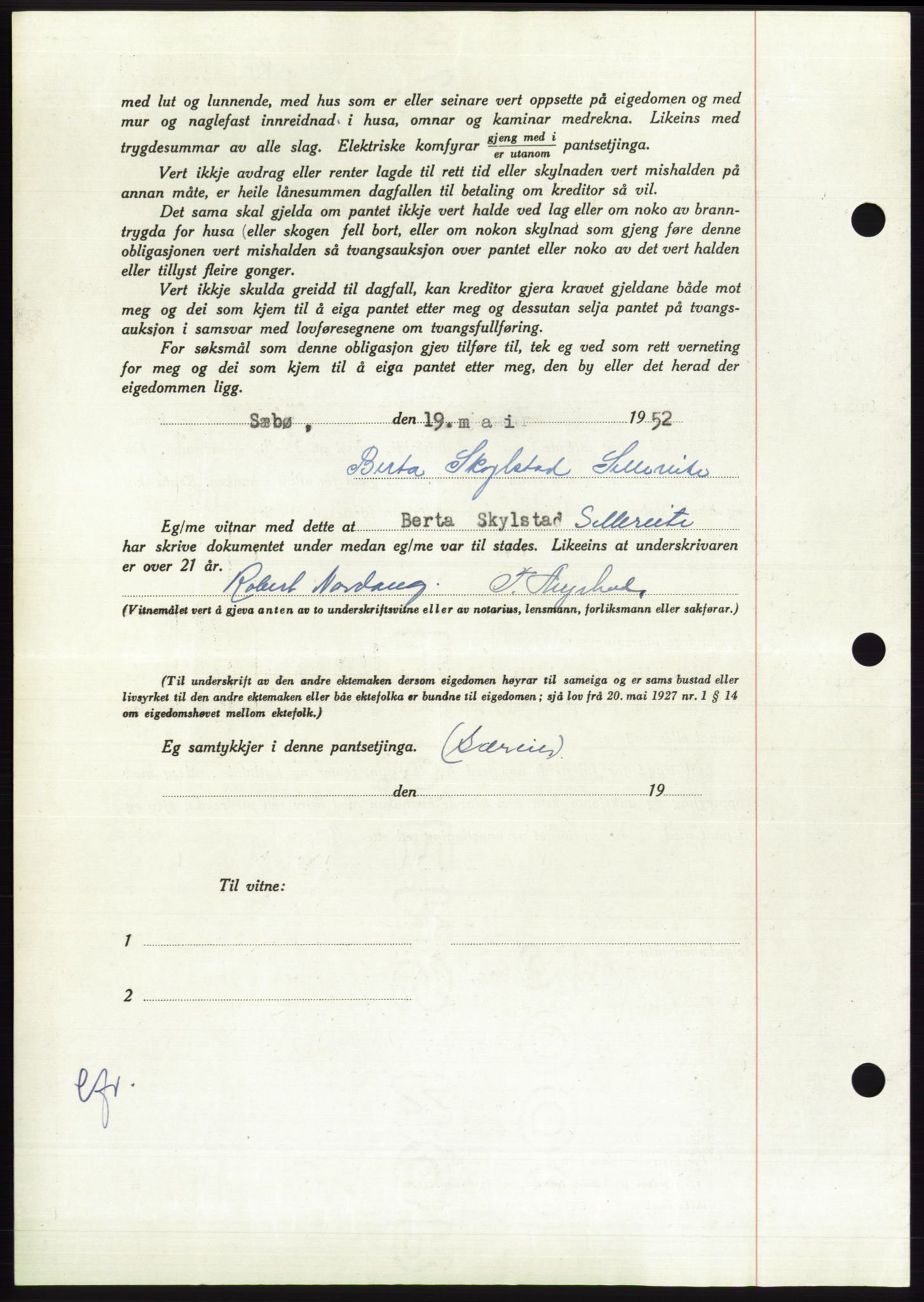 Søre Sunnmøre sorenskriveri, AV/SAT-A-4122/1/2/2C/L0121: Pantebok nr. 9B, 1951-1952, Dagboknr: 1061/1952