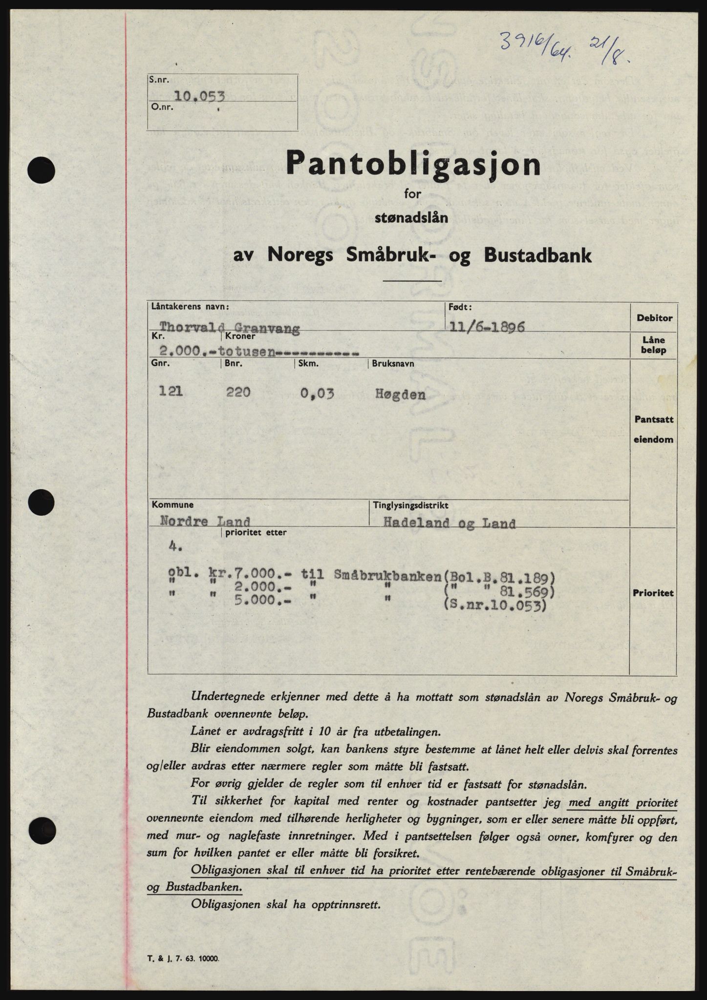 Hadeland og Land tingrett, SAH/TING-010/H/Hb/Hbc/L0056: Pantebok nr. B56, 1964-1964, Dagboknr: 3916/1964