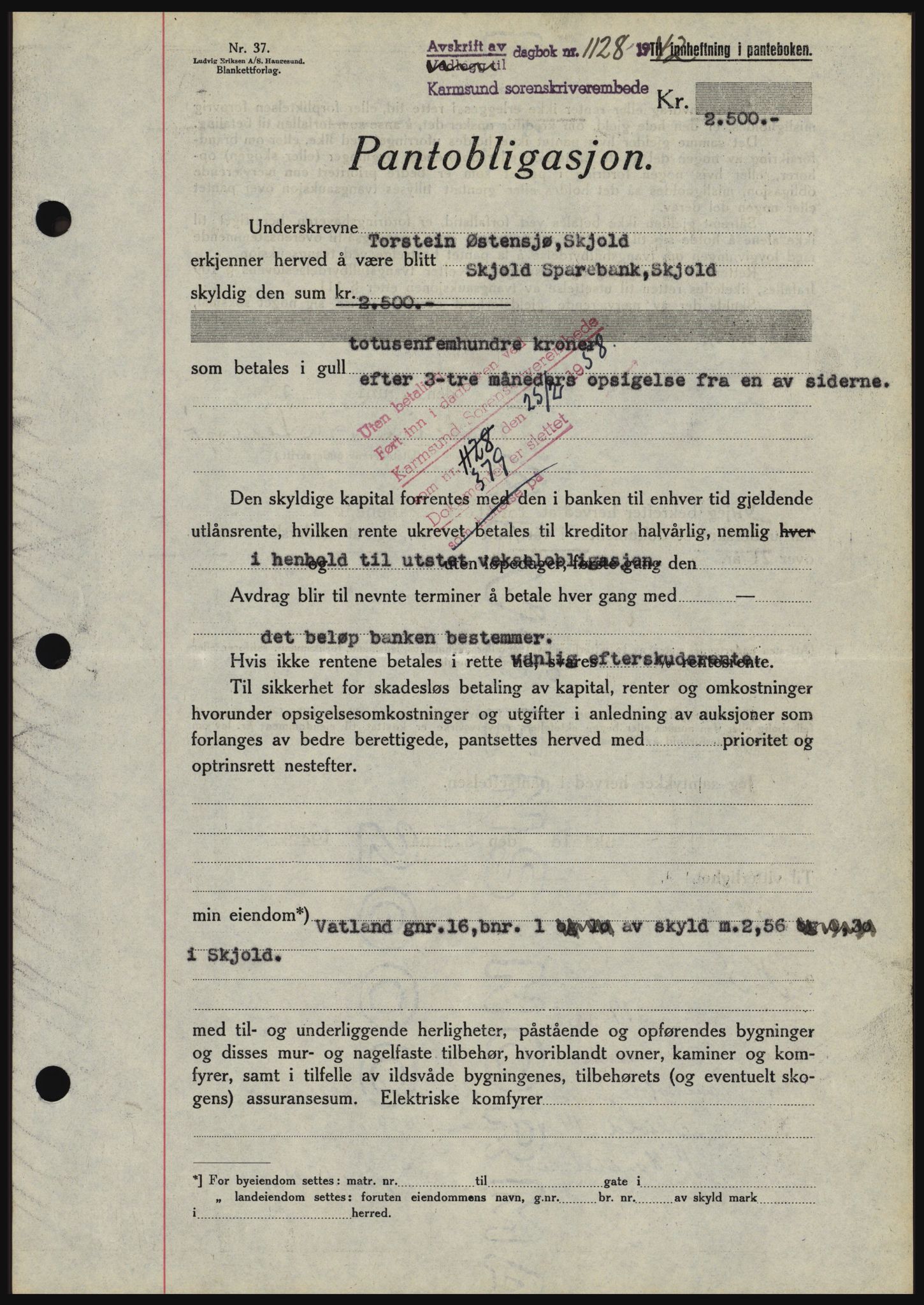 Karmsund sorenskriveri, SAST/A-100311/01/II/IIBBE/L0008: Pantebok nr. B 54, 1942-1943, Dagboknr: 1128/1942
