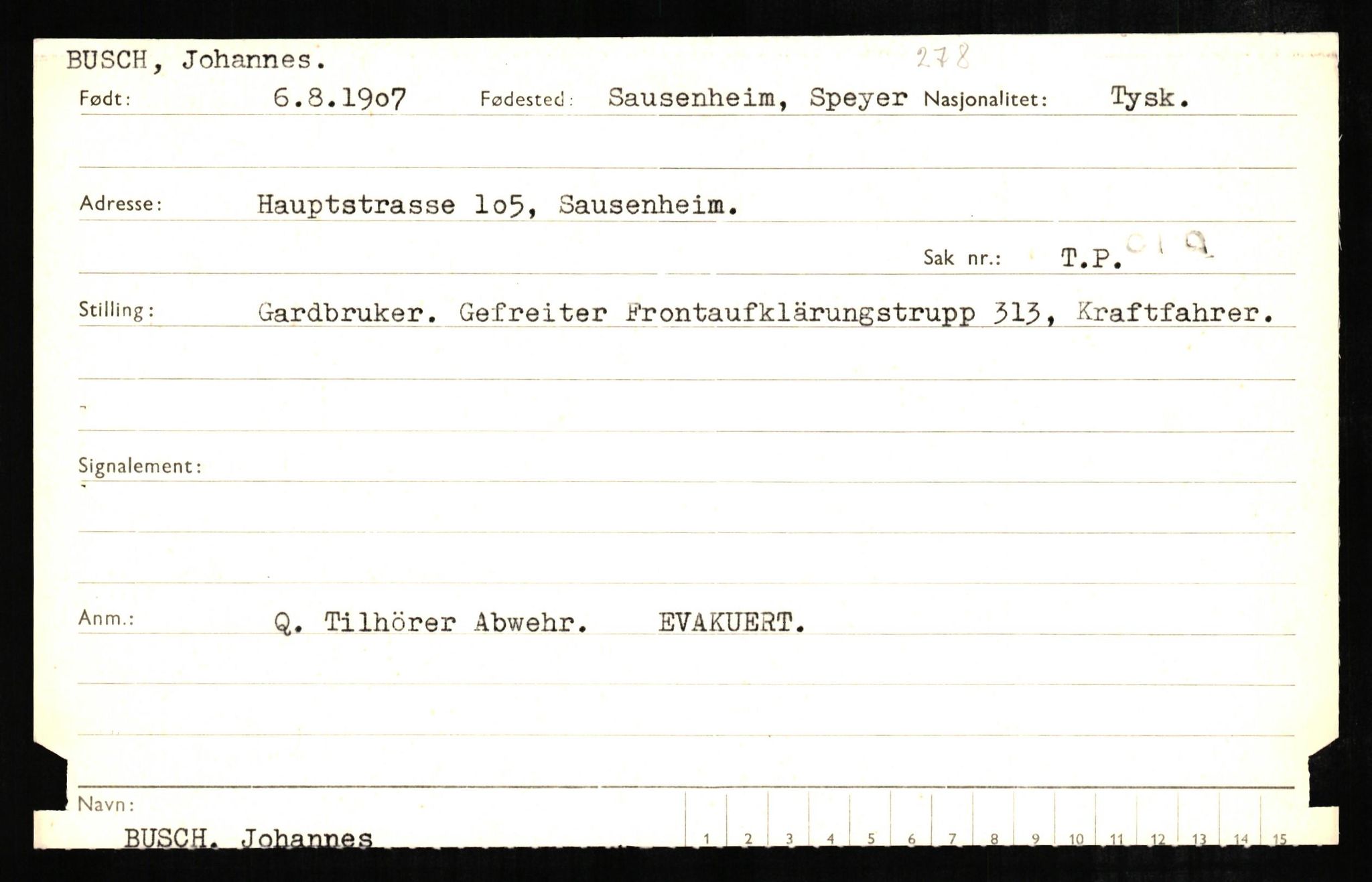 Forsvaret, Forsvarets overkommando II, RA/RAFA-3915/D/Db/L0005: CI Questionaires. Tyske okkupasjonsstyrker i Norge. Tyskere., 1945-1946, s. 14