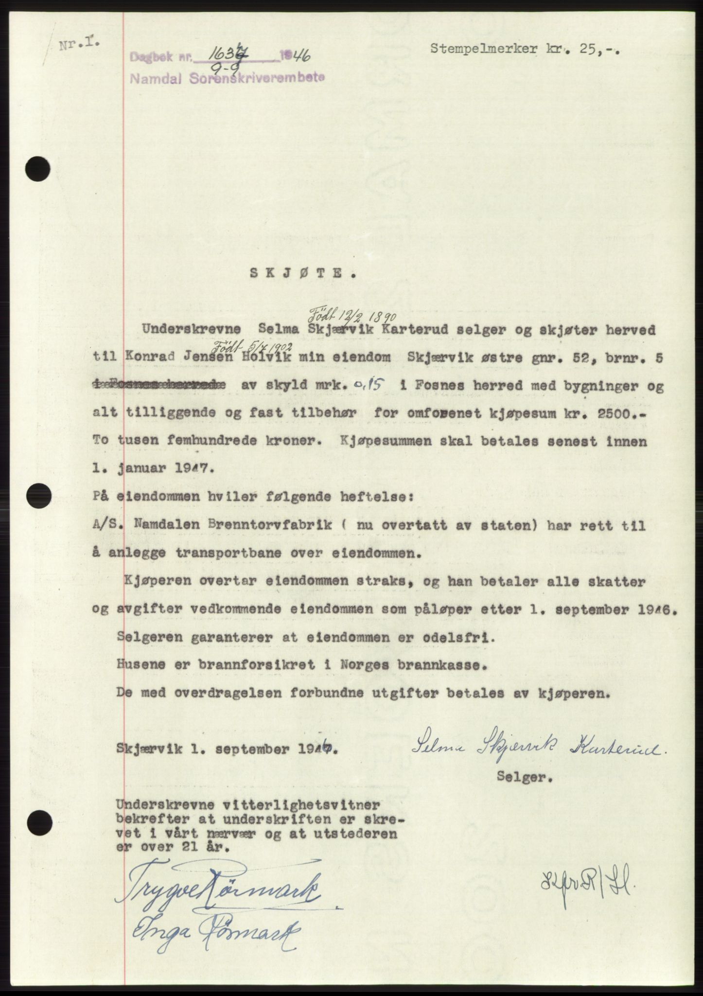 Namdal sorenskriveri, SAT/A-4133/1/2/2C: Pantebok nr. -, 1946-1947, Dagboknr: 1637/1946