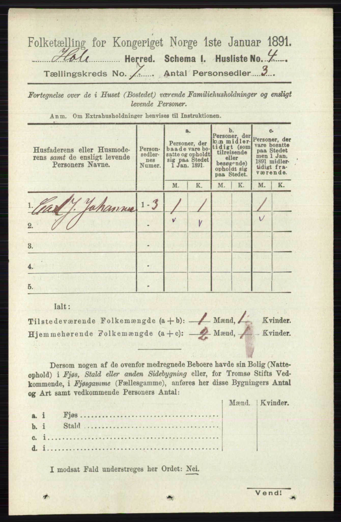 RA, Folketelling 1891 for 0612 Hole herred, 1891, s. 3885