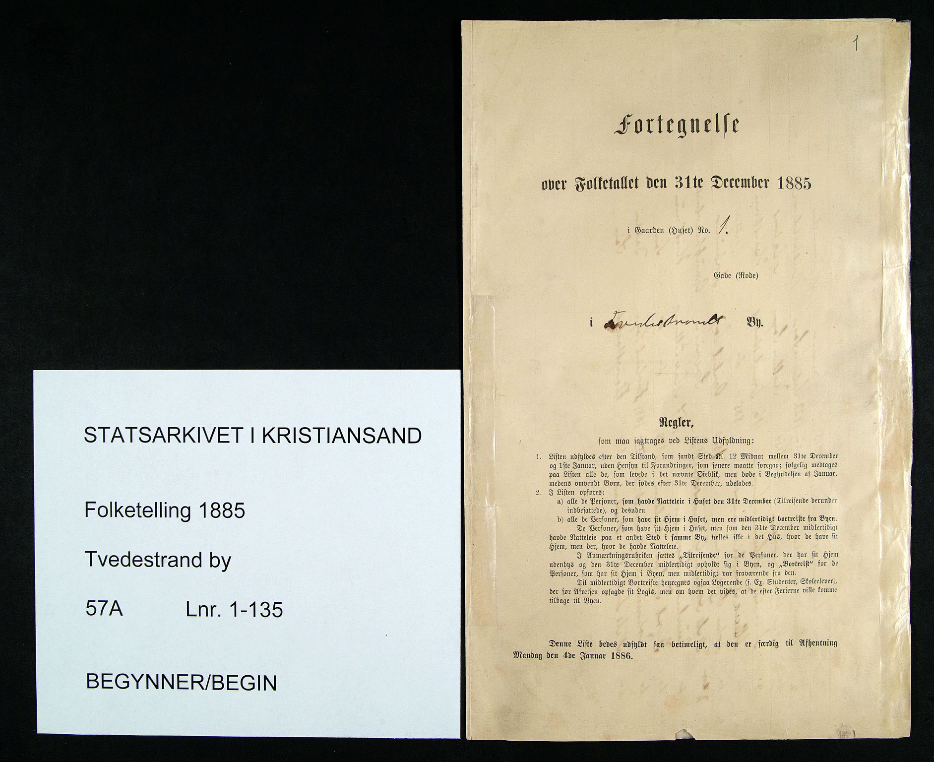 SAK, Folketelling 1885 for 0902 Tvedestrand ladested, 1885, s. 1