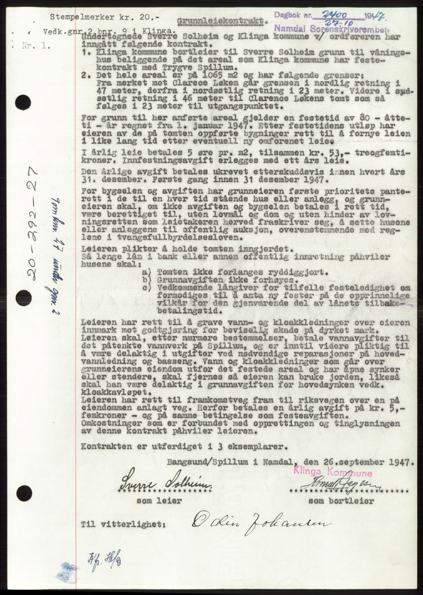 Namdal sorenskriveri, SAT/A-4133/1/2/2C: Pantebok nr. -, 1947-1947, Dagboknr: 2400/1947