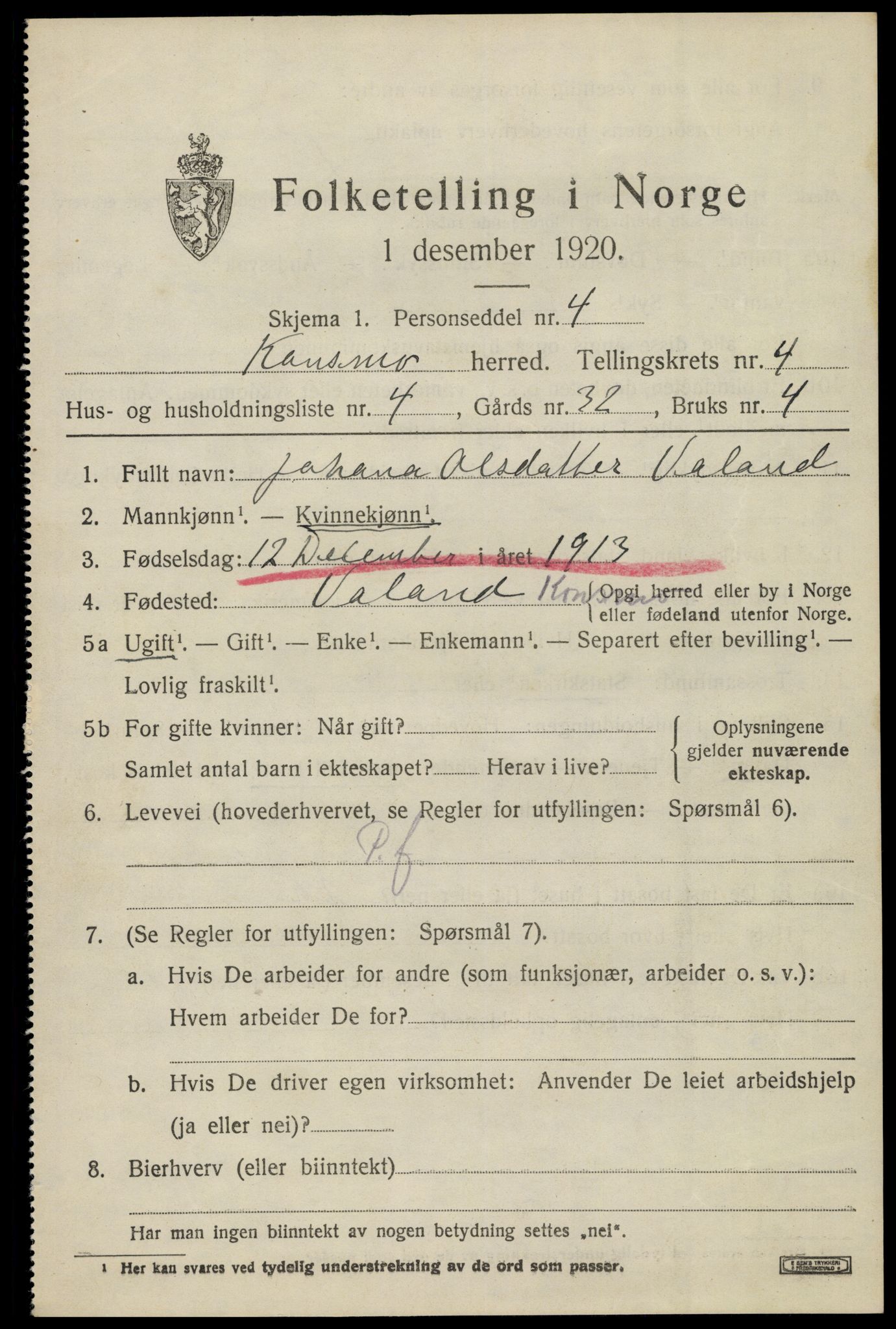 SAK, Folketelling 1920 for 1027 Konsmo herred, 1920, s. 1228