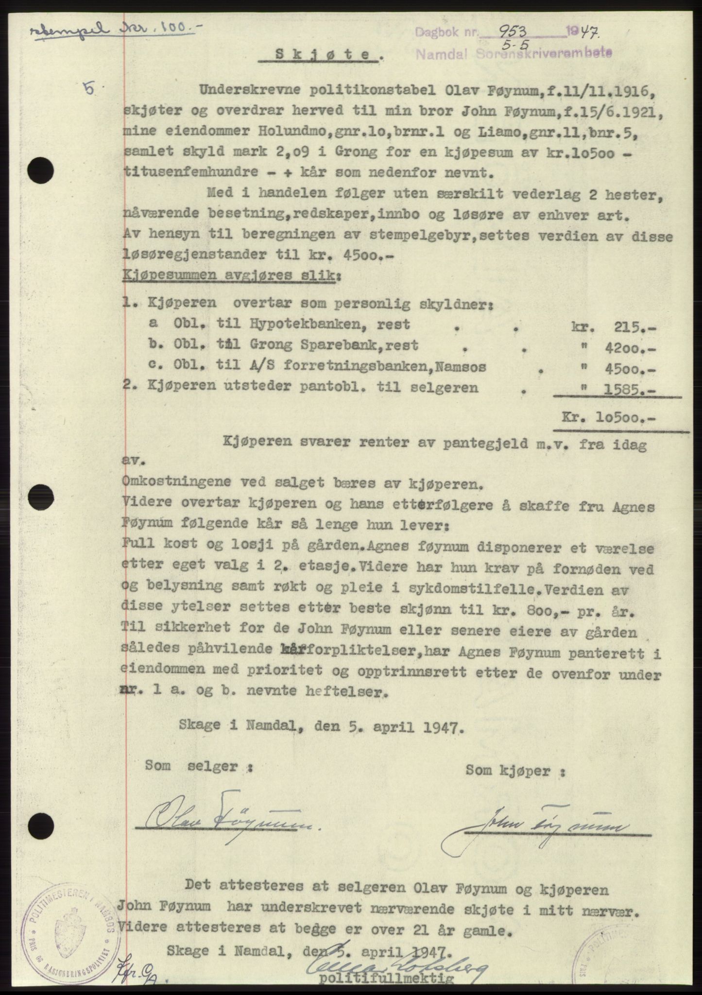 Namdal sorenskriveri, SAT/A-4133/1/2/2C: Pantebok nr. -, 1947-1947, Dagboknr: 953/1947
