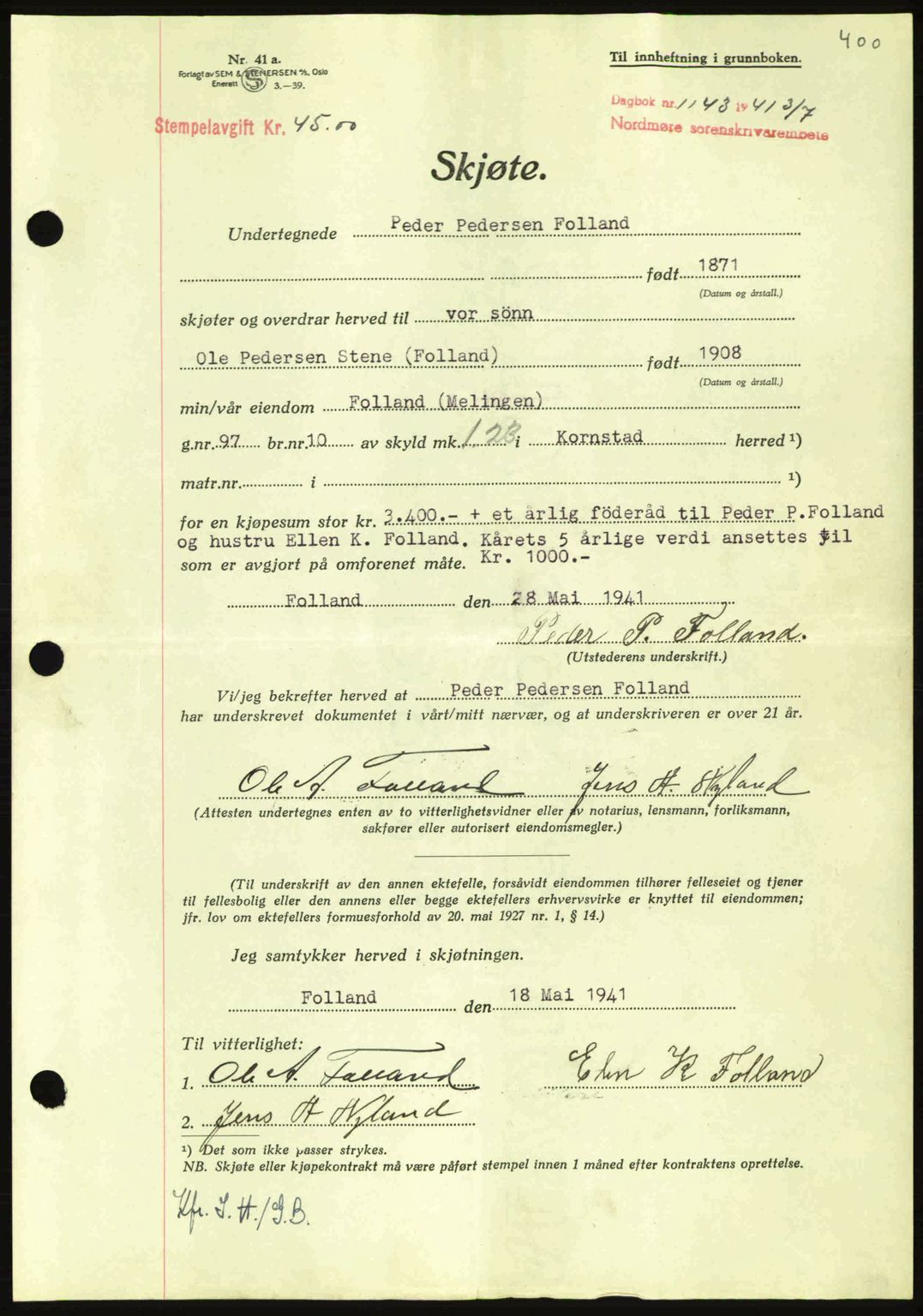 Nordmøre sorenskriveri, AV/SAT-A-4132/1/2/2Ca: Pantebok nr. A90, 1941-1941, Dagboknr: 1143/1941