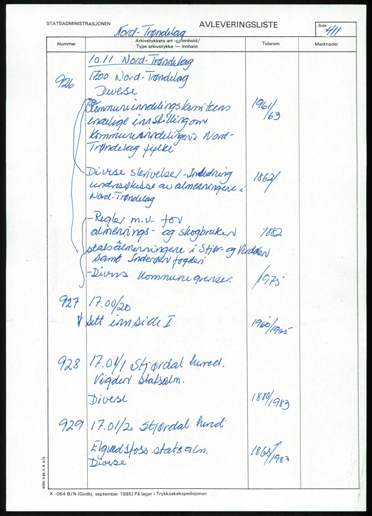 Direktoratet for statens skoger, AV/RA-S-1600/2/E/Eg/L0003: Arkivliste for 10.11-serien. Nord-Trøndelag til Finnmark fylke. Mappenr. 926 - 1505, 1957-1992, s. 4