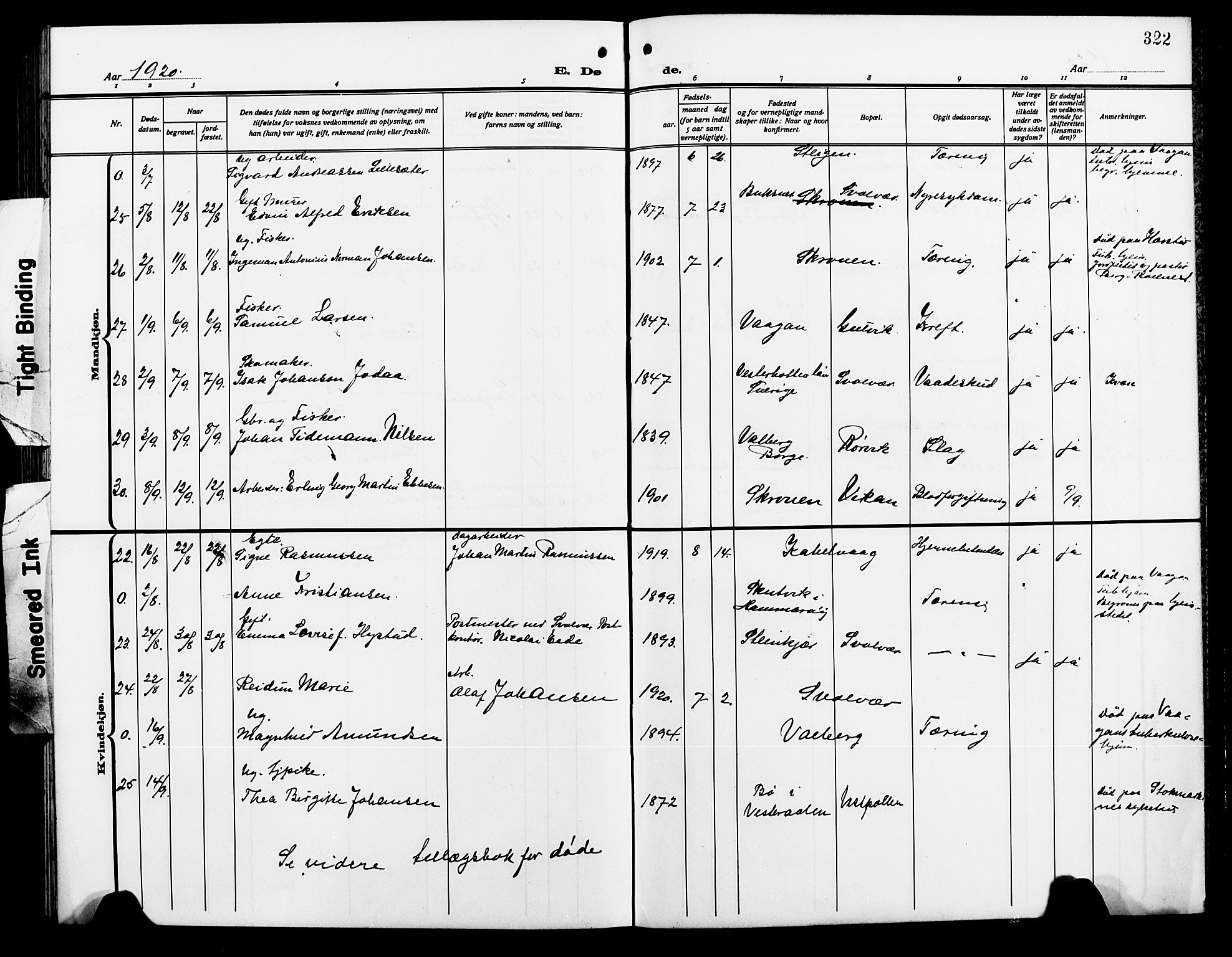 Ministerialprotokoller, klokkerbøker og fødselsregistre - Nordland, AV/SAT-A-1459/874/L1080: Klokkerbok nr. 874C09, 1915-1925, s. 322