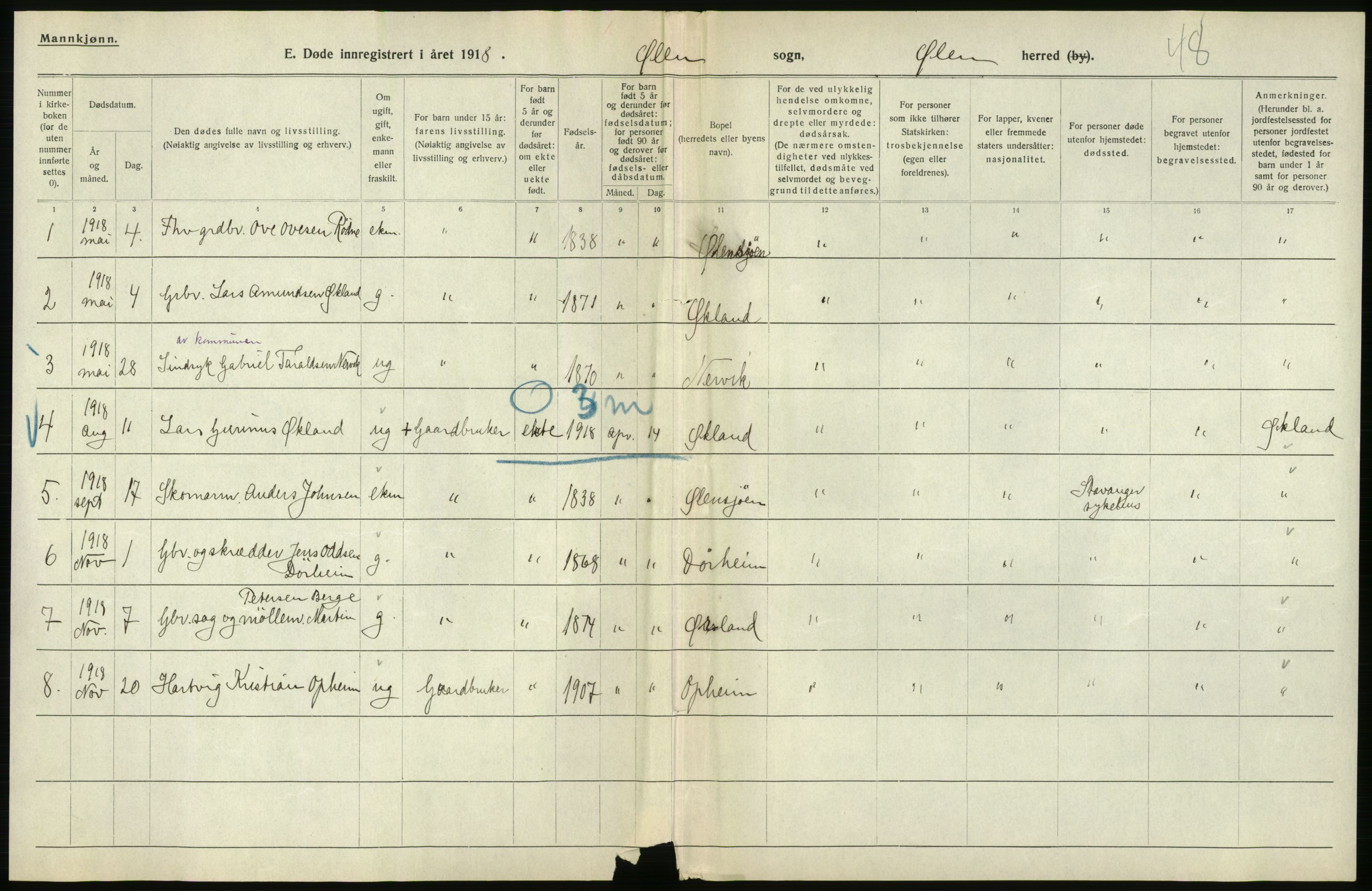 Statistisk sentralbyrå, Sosiodemografiske emner, Befolkning, RA/S-2228/D/Df/Dfb/Dfbh/L0036: Hordaland fylke: Døde., 1918, s. 46