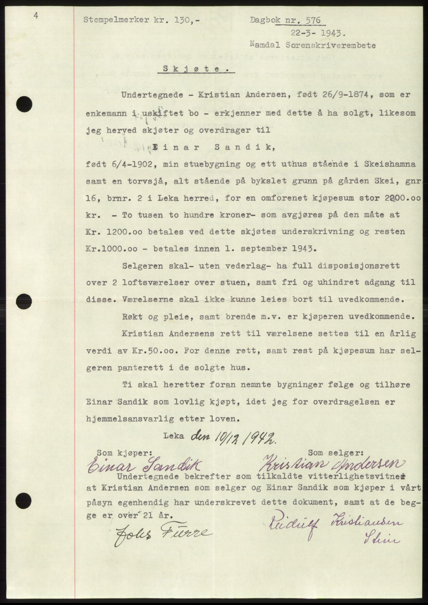 Namdal sorenskriveri, SAT/A-4133/1/2/2C: Pantebok nr. -, 1942-1943, Dagboknr: 576/1943