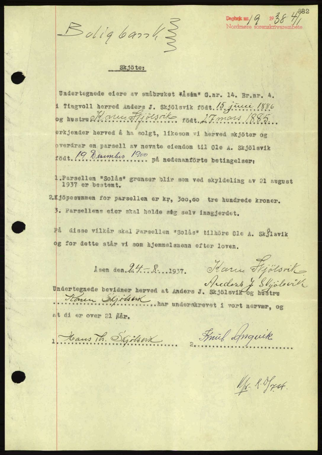 Nordmøre sorenskriveri, AV/SAT-A-4132/1/2/2Ca: Pantebok nr. A82, 1937-1938, Dagboknr: 19/1938
