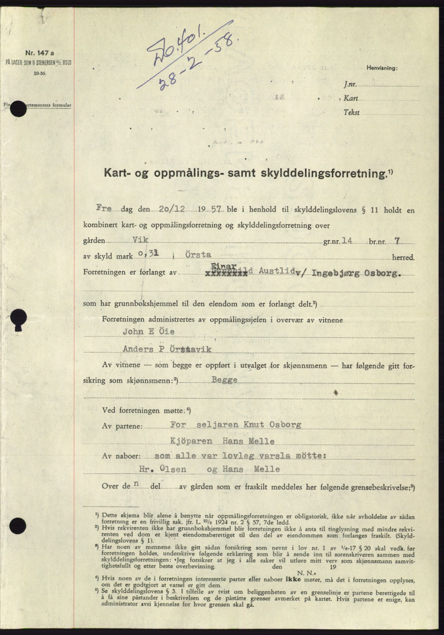 Søre Sunnmøre sorenskriveri, SAT/A-4122/1/2/2C/L0109: Pantebok nr. 35A, 1958-1958, Dagboknr: 401/1958