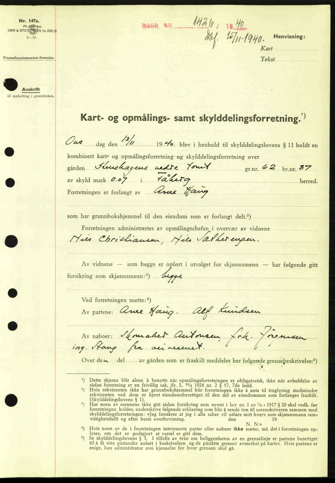Sør-Gudbrandsdal tingrett, SAH/TING-004/H/Hb/Hbd/L0008: Pantebok nr. A8, 1940-1941, Dagboknr: 1426/1940
