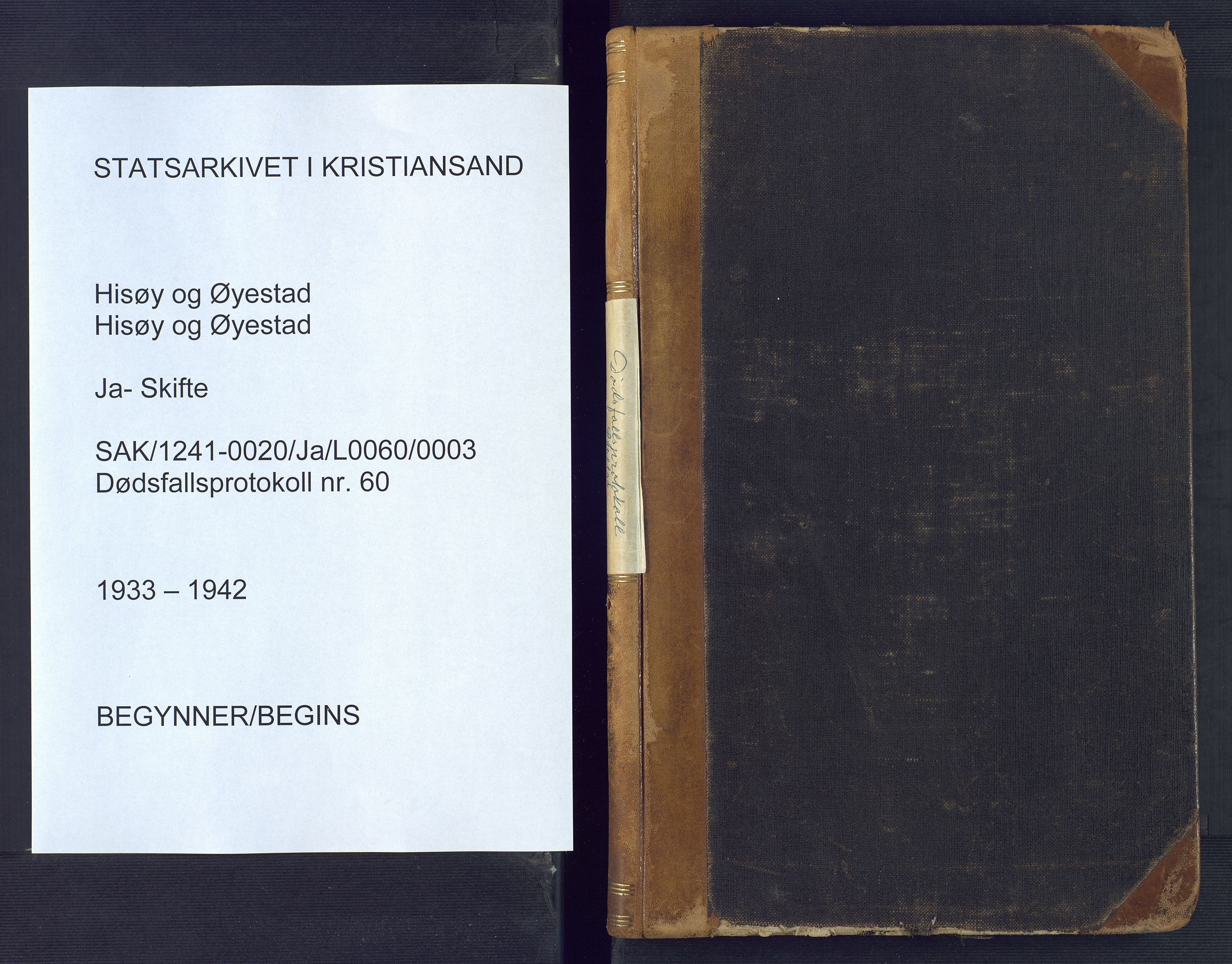 Hisøy og Øyestad lensmannskontor, SAK/1241-0020/J/Ja/L0060/0003: Dødsfall / Dødsfallsprotokoll Øyestad, 1933-1942
