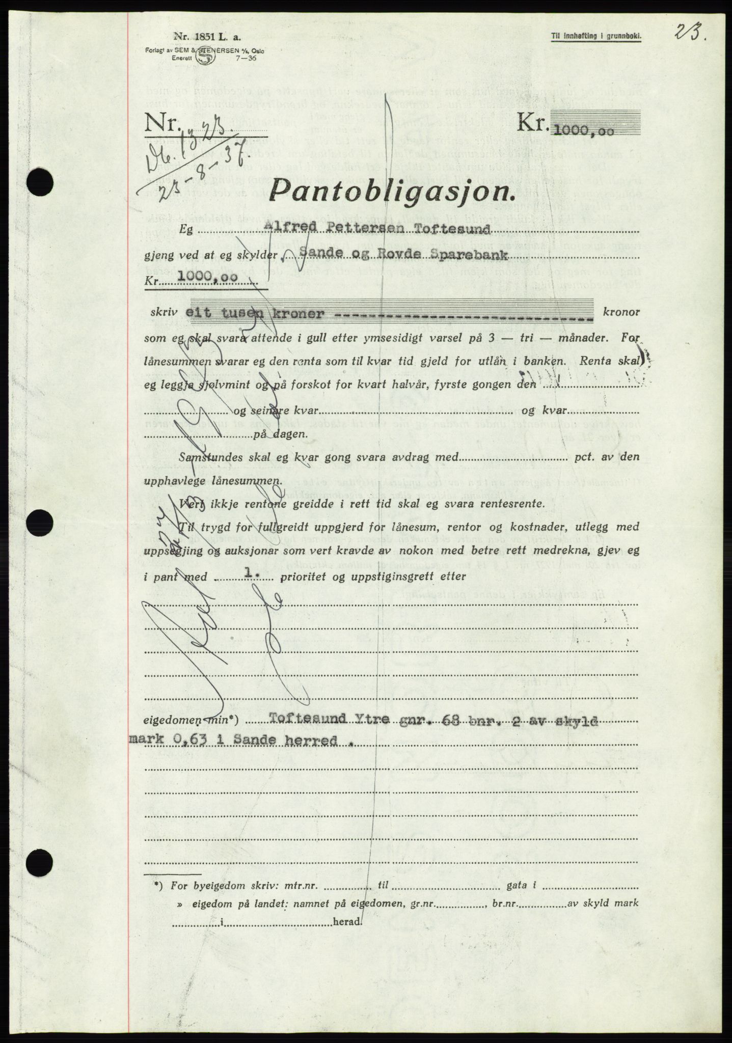 Søre Sunnmøre sorenskriveri, AV/SAT-A-4122/1/2/2C/L0064: Pantebok nr. 58, 1937-1938, Dagboknr: 1323/1937