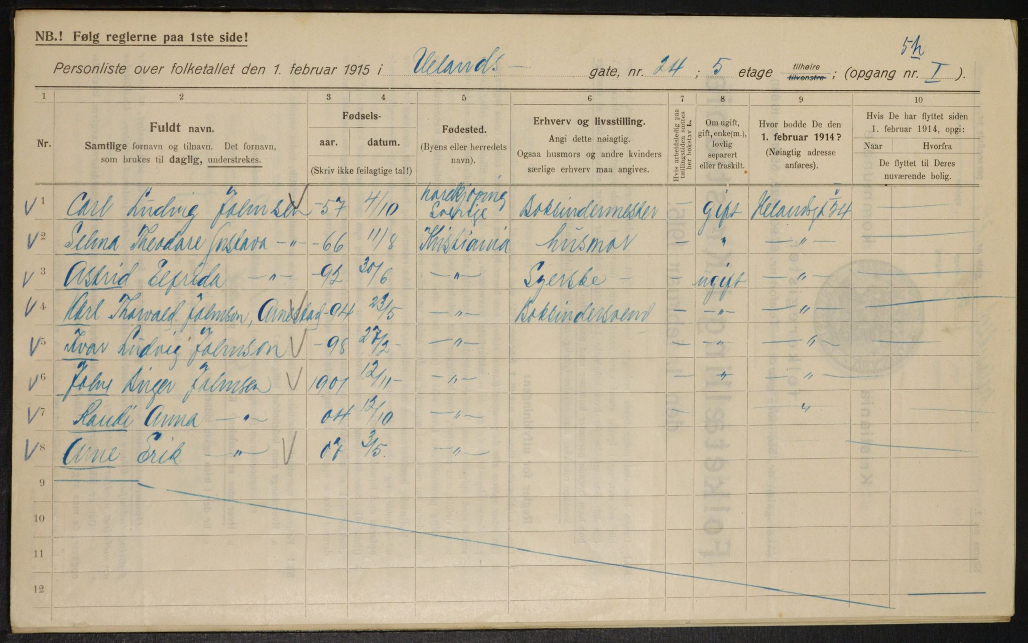 OBA, Kommunal folketelling 1.2.1915 for Kristiania, 1915, s. 119136