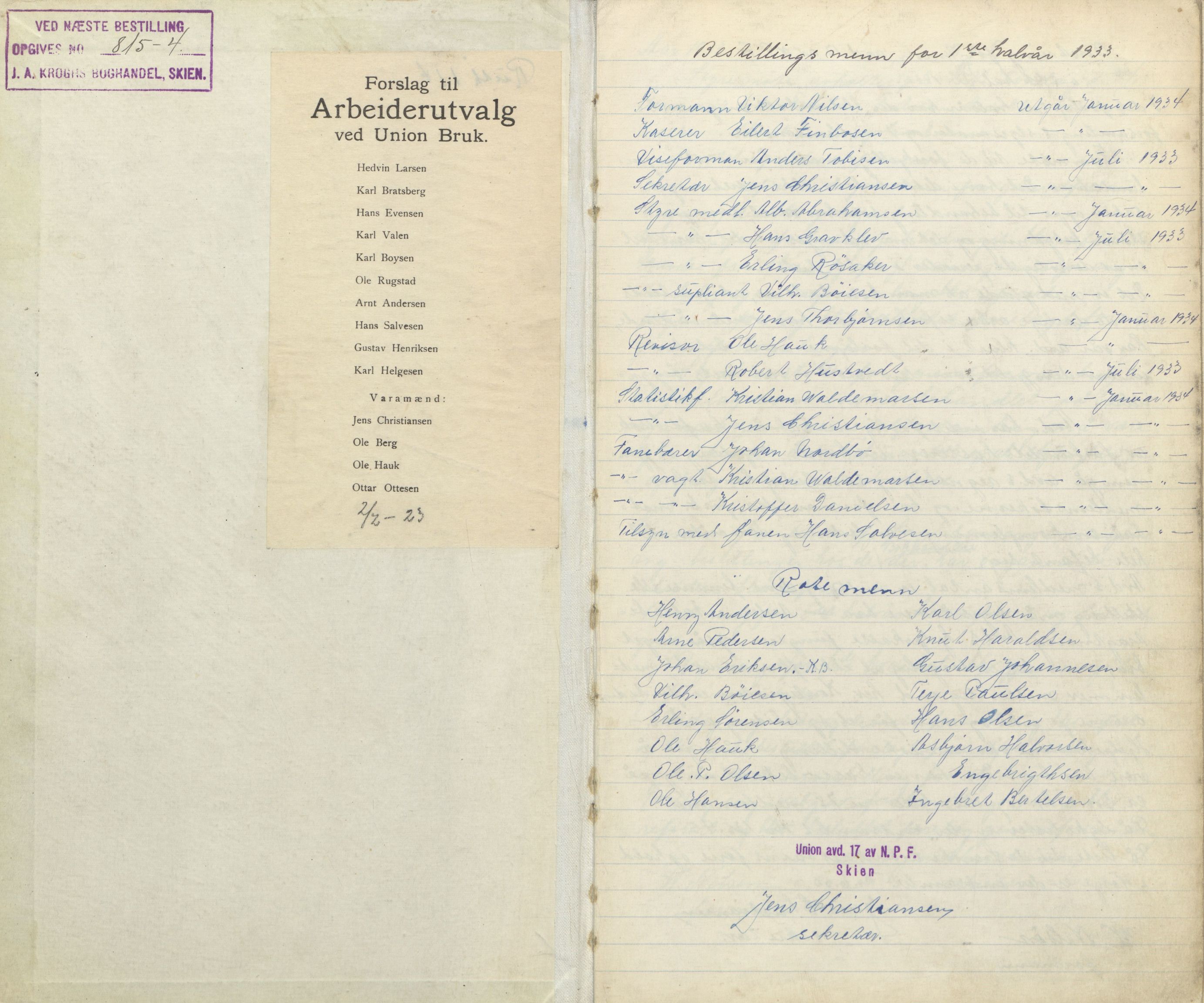 UNION - Avdeling 17 av Norsk Papirindustriarbeiderforbund, AAT/AAT-806034/A/L0006: Møtebok, 1933-1938