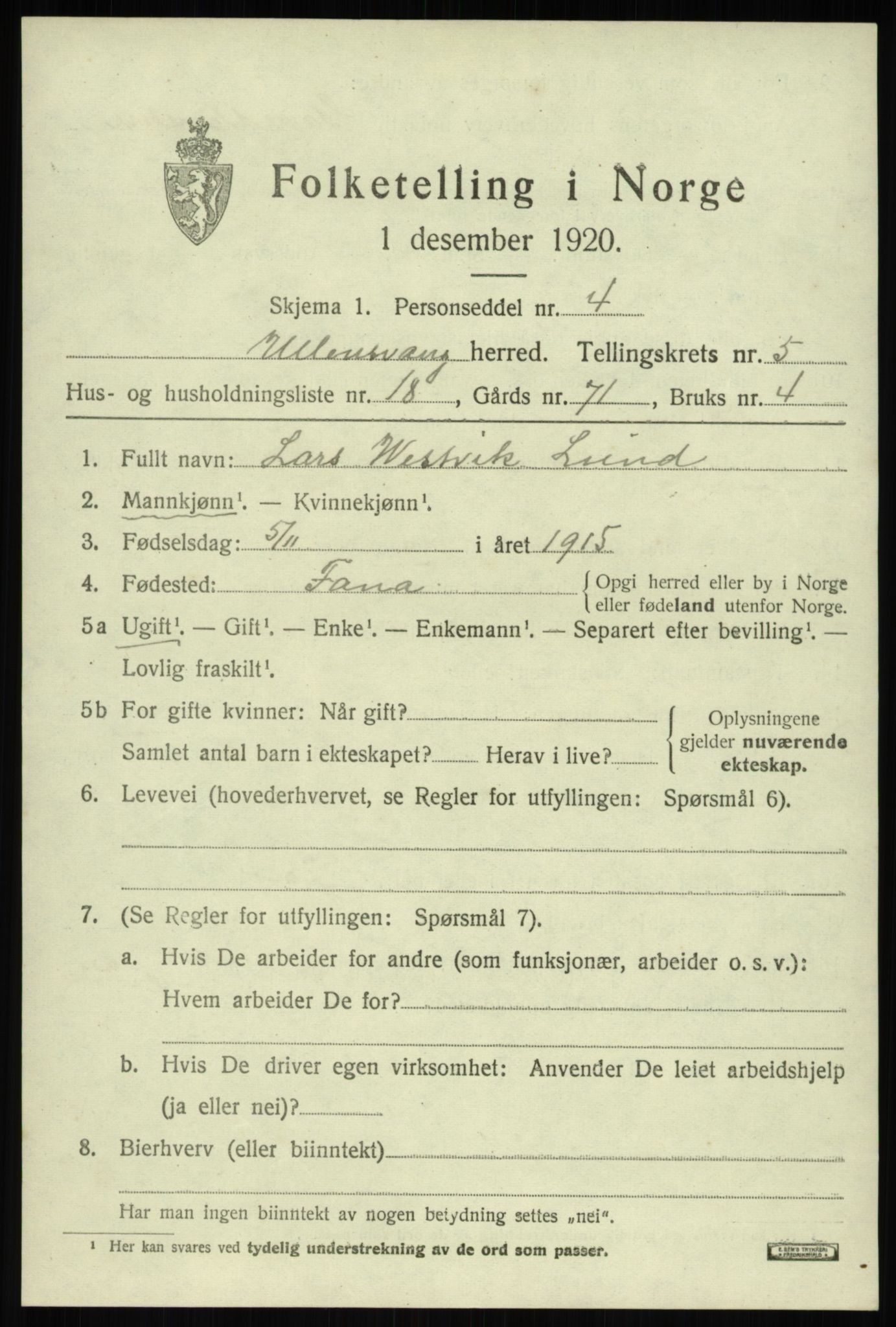 SAB, Folketelling 1920 for 1230 Ullensvang herred, 1920, s. 2558