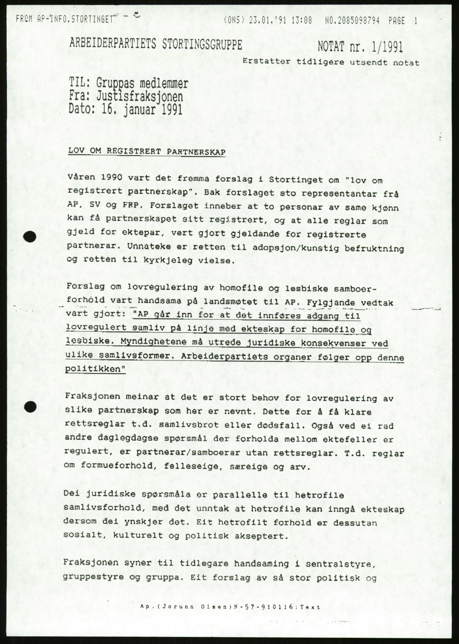 Det Norske Forbundet av 1948/Landsforeningen for Lesbisk og Homofil Frigjøring, AV/RA-PA-1216/D/Da/L0001: Partnerskapsloven, 1990-1993, s. 897