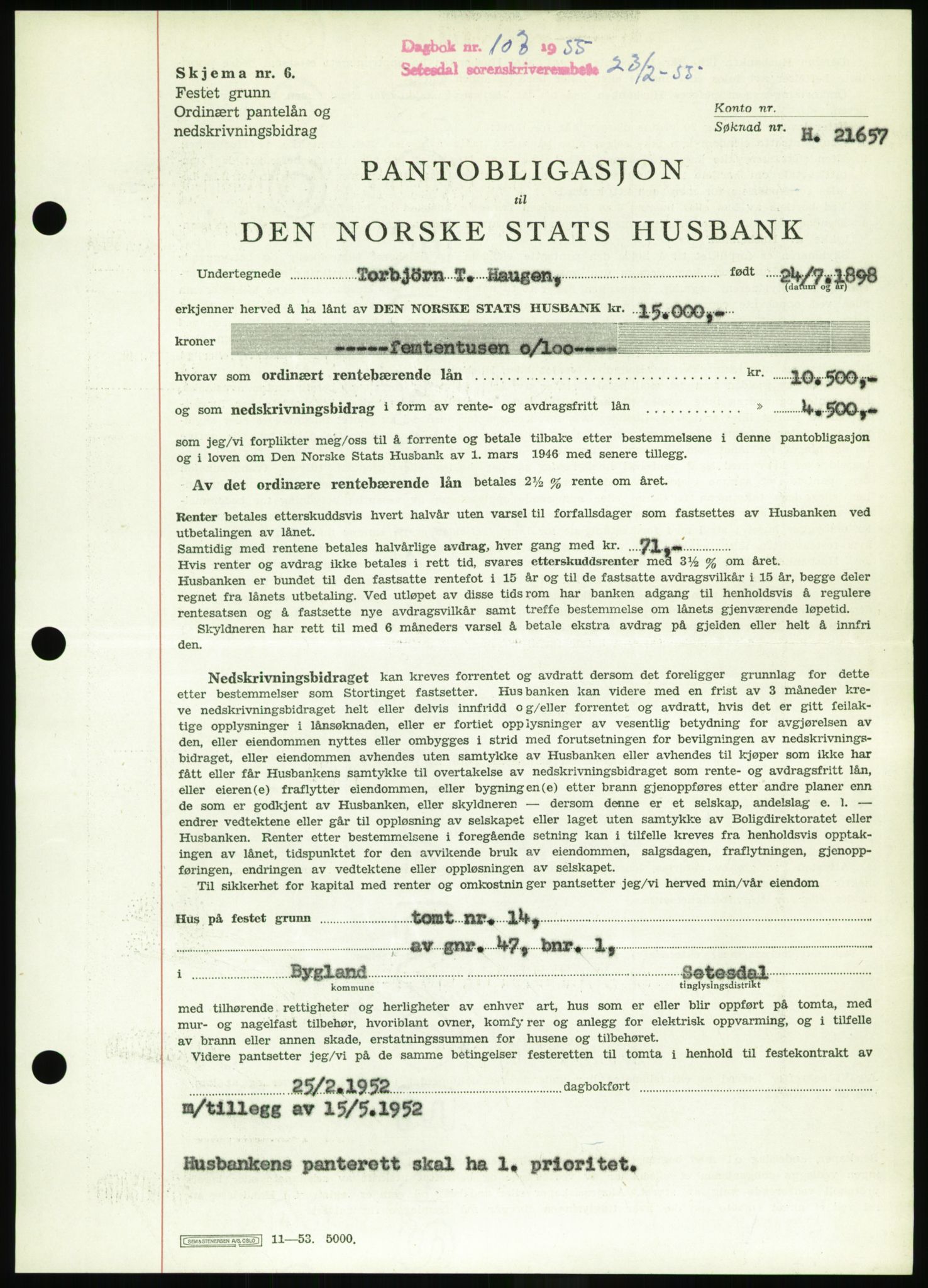 Setesdal sorenskriveri, SAK/1221-0011/G/Gb/L0052: Pantebok nr. B 40, 1954-1955, Dagboknr: 107/1955