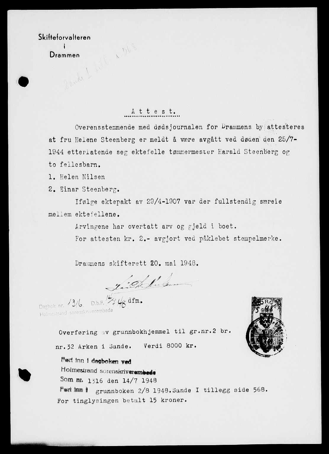 Holmestrand sorenskriveri, SAKO/A-67/G/Ga/Gaa/L0064: Pantebok nr. A-64, 1948-1948, Dagboknr: 1316/1948