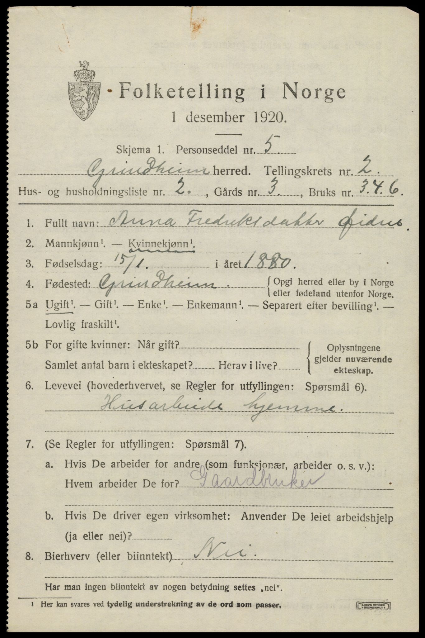 SAK, Folketelling 1920 for 1025 Grindheim herred, 1920, s. 575