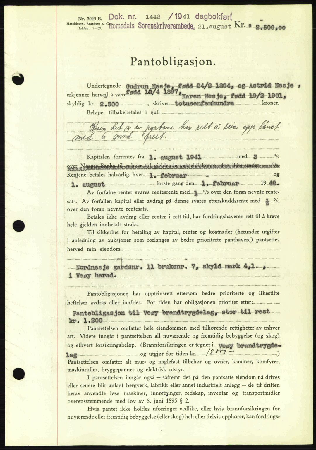 Romsdal sorenskriveri, SAT/A-4149/1/2/2C: Pantebok nr. B2, 1939-1945, Dagboknr: 1442/1941