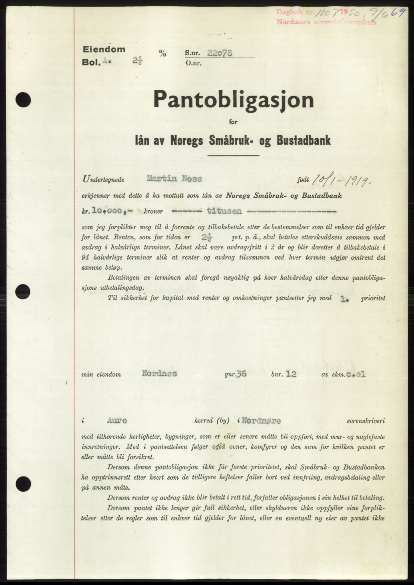 Nordmøre sorenskriveri, AV/SAT-A-4132/1/2/2Ca: Pantebok nr. B105, 1950-1950, Dagboknr: 1807/1950