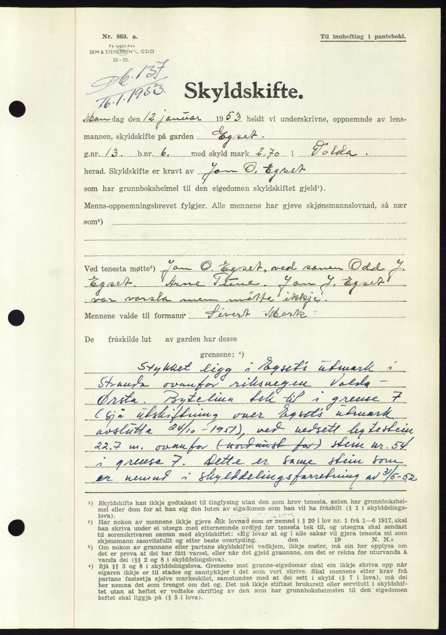 Søre Sunnmøre sorenskriveri, SAT/A-4122/1/2/2C/L0094: Pantebok nr. 20A, 1953-1953, Dagboknr: 137/1953