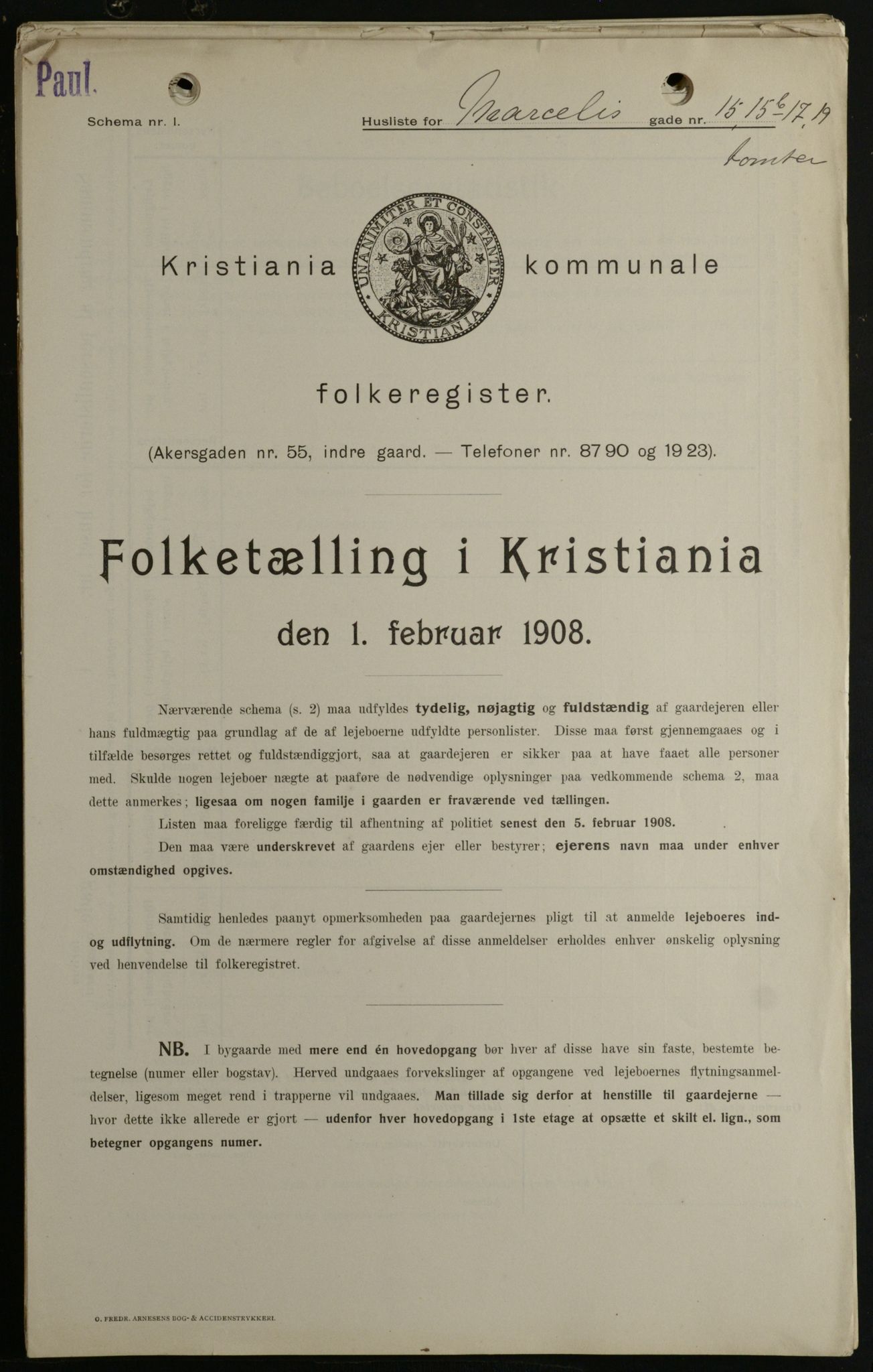 OBA, Kommunal folketelling 1.2.1908 for Kristiania kjøpstad, 1908, s. 57786